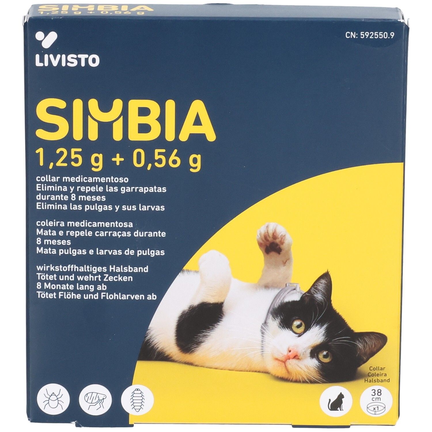 SIMBIA Halsband für Katzen, 1,25g + 0,56g. Schützt 8 Monate lang vor Flöhen und Zecken.