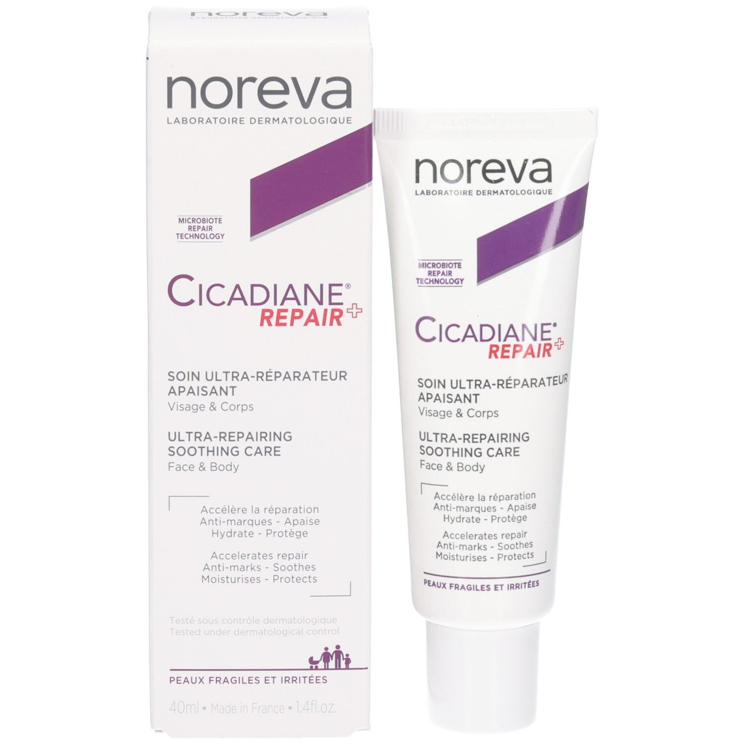 Noreva Cicadiane Repair: Ultra-reparierende beruhigende Pflege für Gesicht und Körper in einer Tube und Faltschachtel.