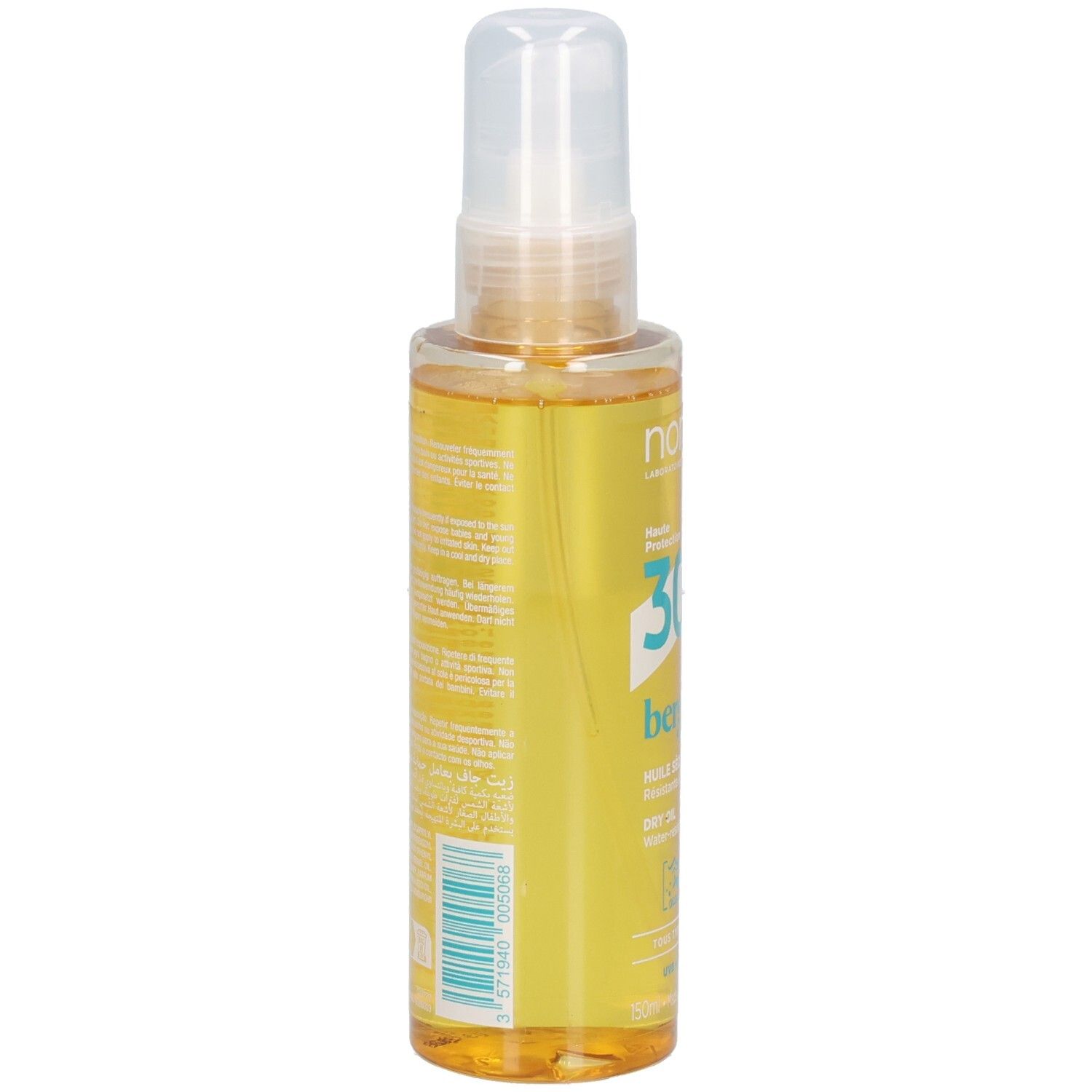 Noreva Bergasol Huile Sèche SPF30: Rückseite der Flasche mit Inhaltsstoffen und Barcode.