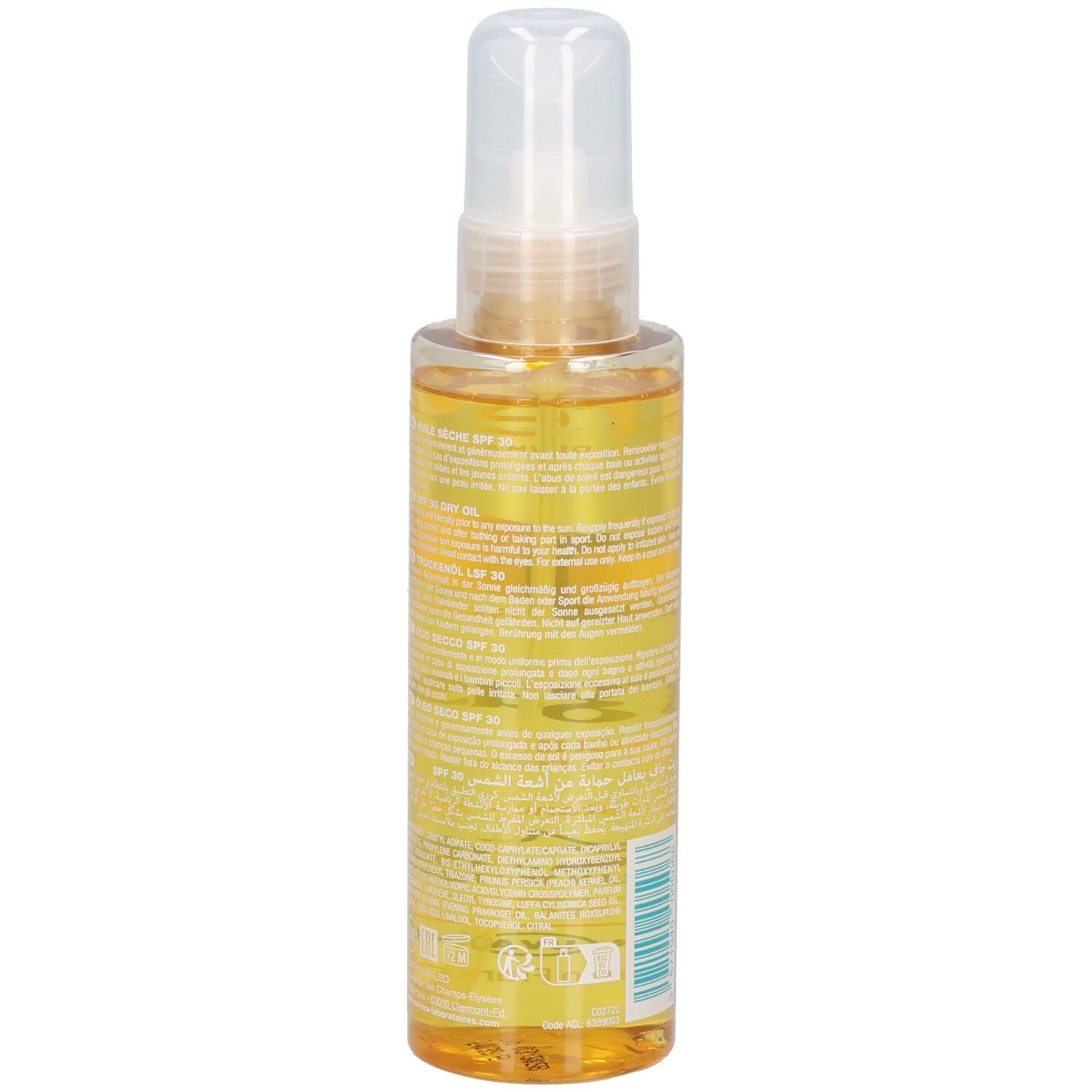 Noreva Bergasol Huile Sèche SPF30: Seitenansicht der Flasche mit detaillierten Informationen.