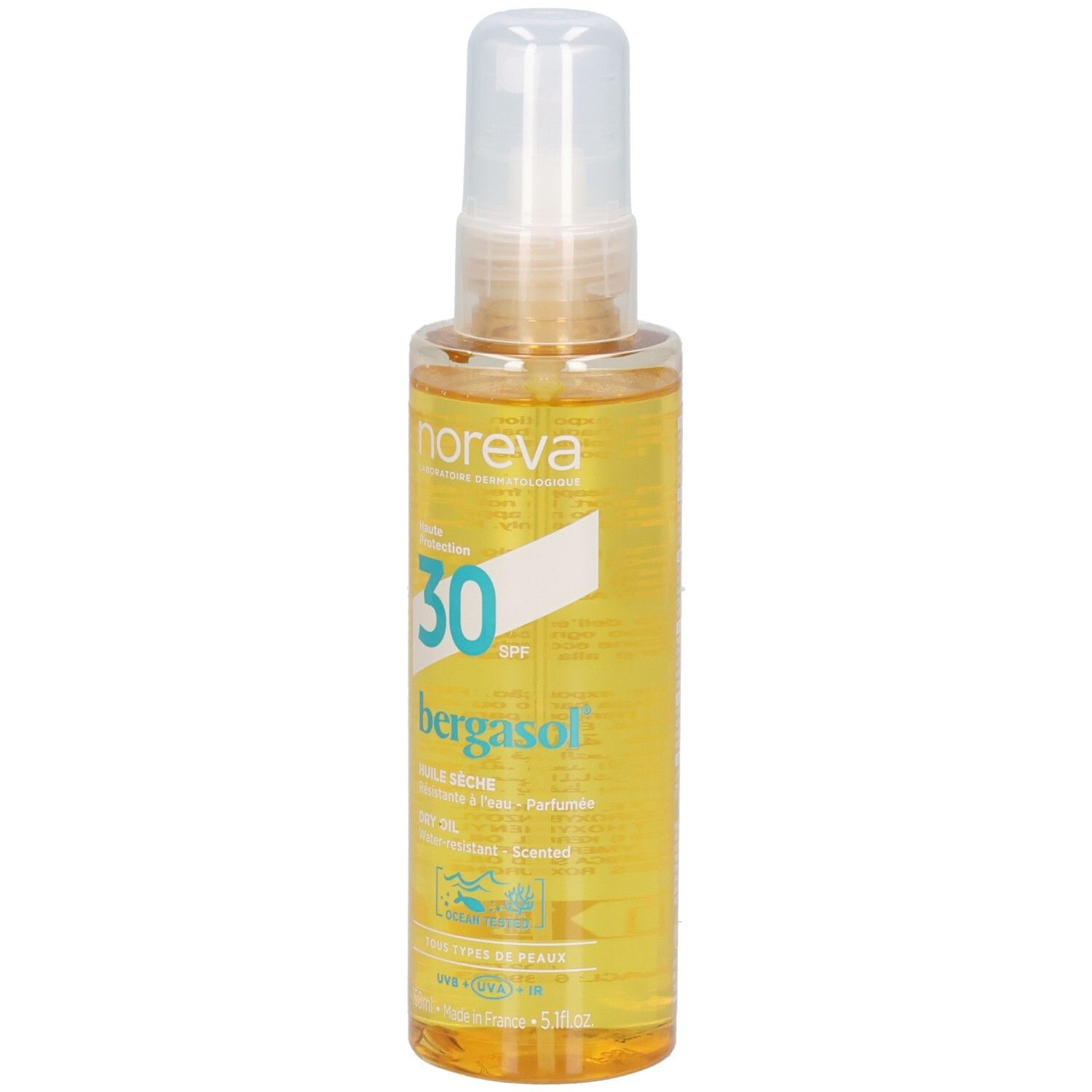 Noreva Bergasol Huile Sèche SPF30: Klare Sonnenschutzölflasche mit Pumpspray. SPF 30.