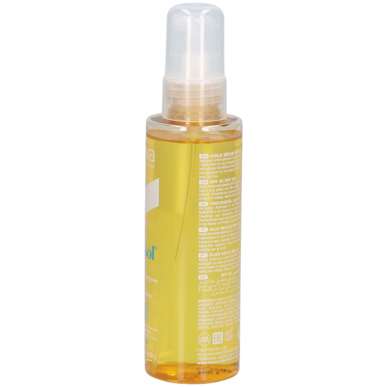 Noreva Bergasol Huile Sèche SPF30: Seitenansicht der Flasche mit detaillierten Informationen.
