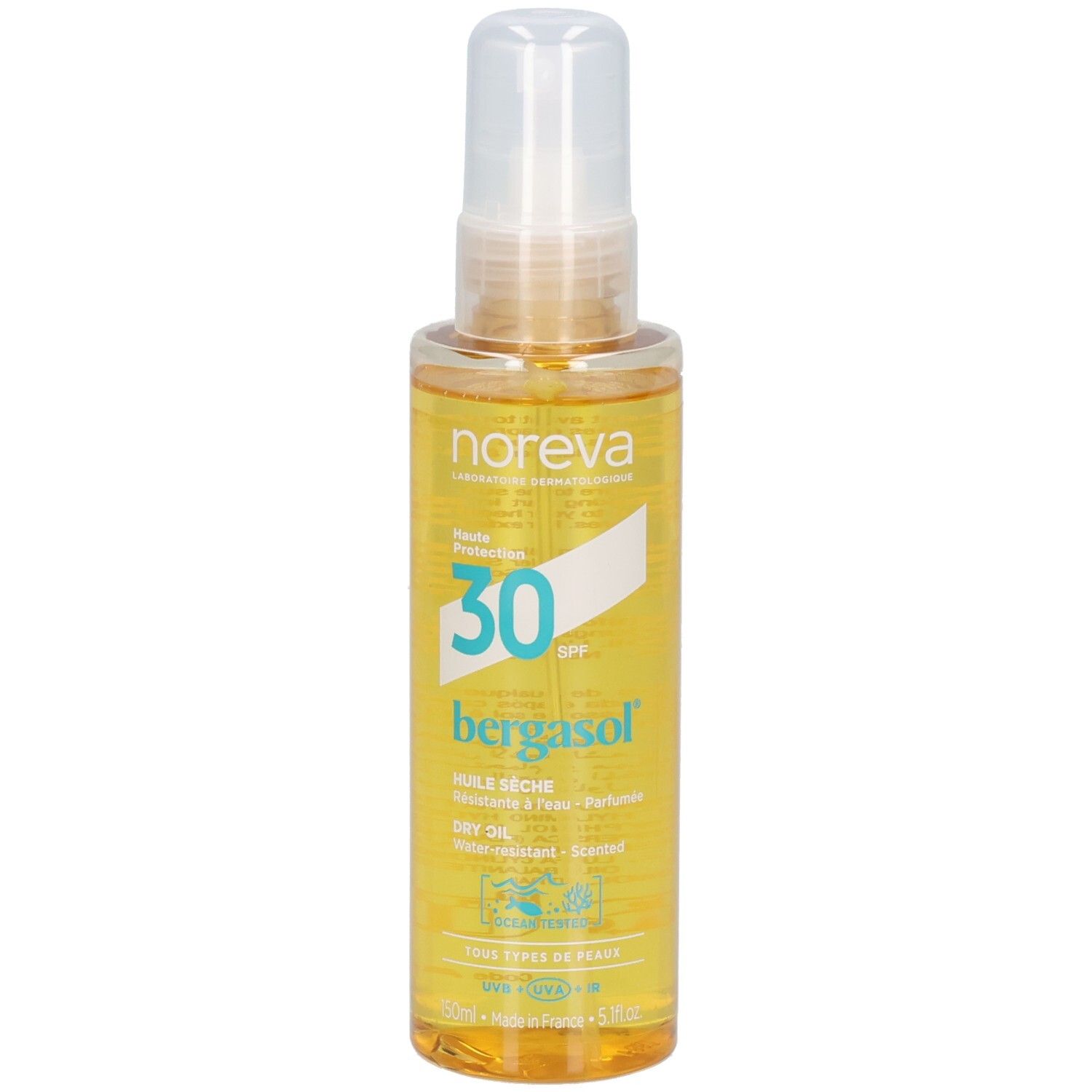 Noreva Bergasol Huile Sèche SPF30: Klare Sonnenschutzölflasche mit Pumpspray. SPF 30.