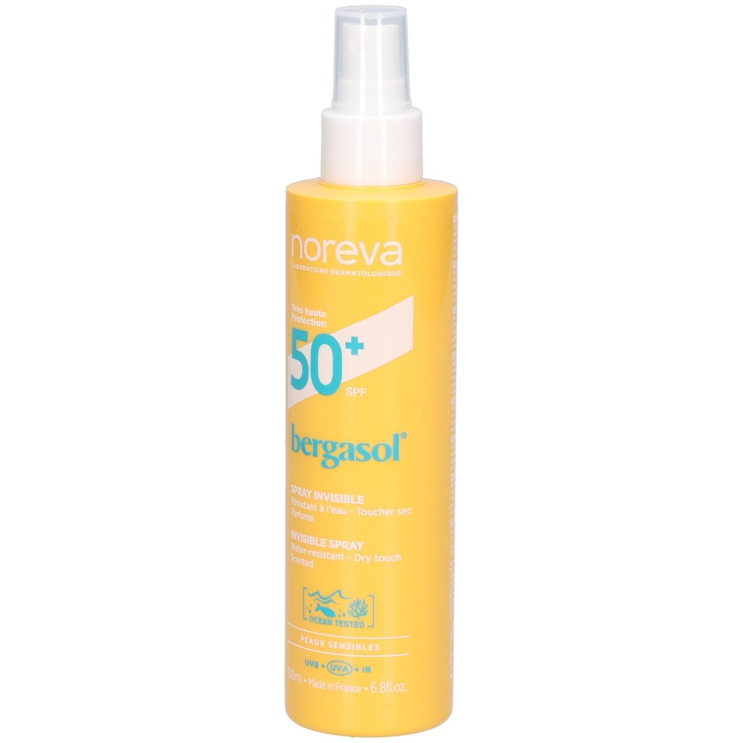 Vorderseite der NOREVA Bergasol Sonnenspray LSF 50+ Sprühflasche mit Text.