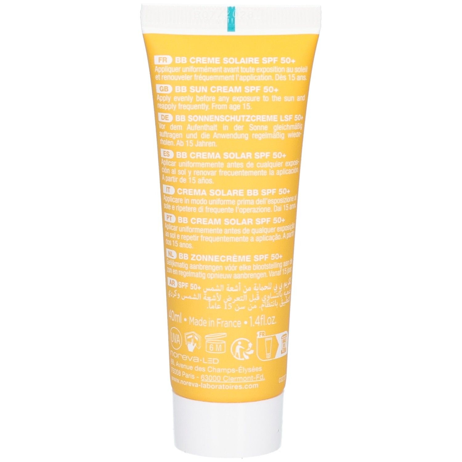 Rückseite der Noreva Bergasol BB Sonnencreme LSF 50+ Tube mit Anwendungshinweisen in mehreren Sprachen.