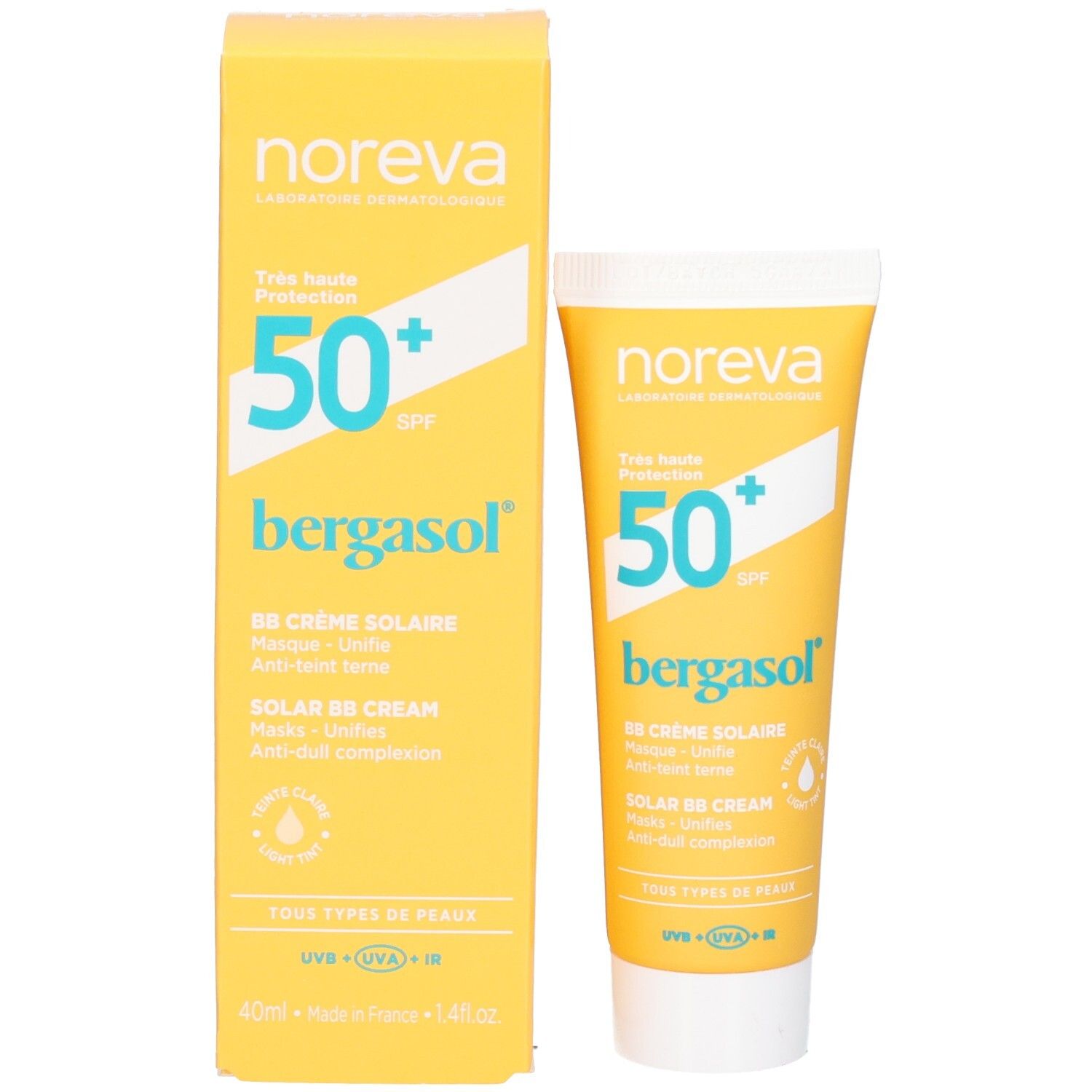 Noreva Bergasol BB Sonnencreme LSF 50+ und ihre gelbe Verpackungsschachtel. Hoher UV-Schutz.