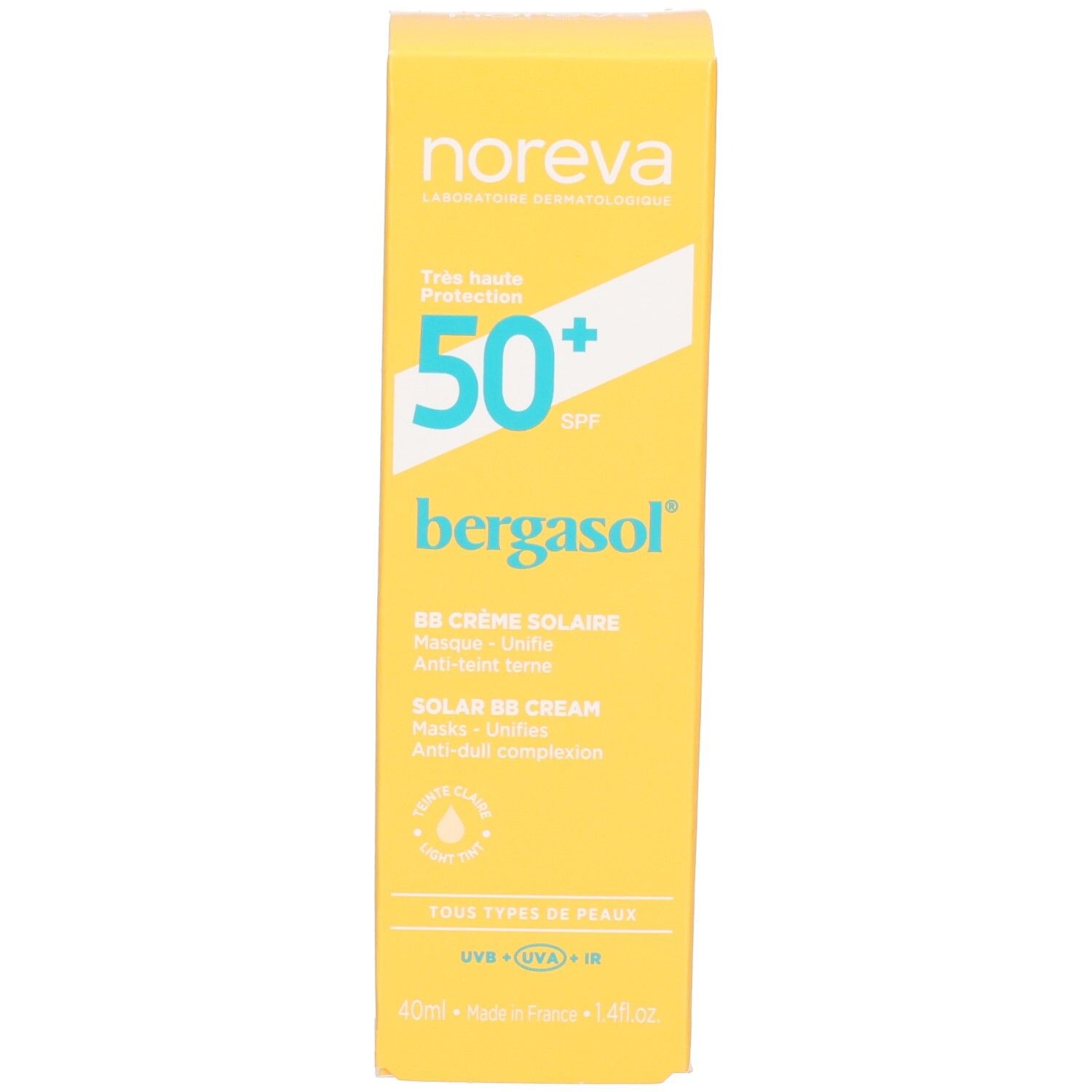 Vorderseite der gelben Noreva Bergasol BB Sonnencreme LSF 50+ Verpackungsschachtel. Hoher UV-Schutz.