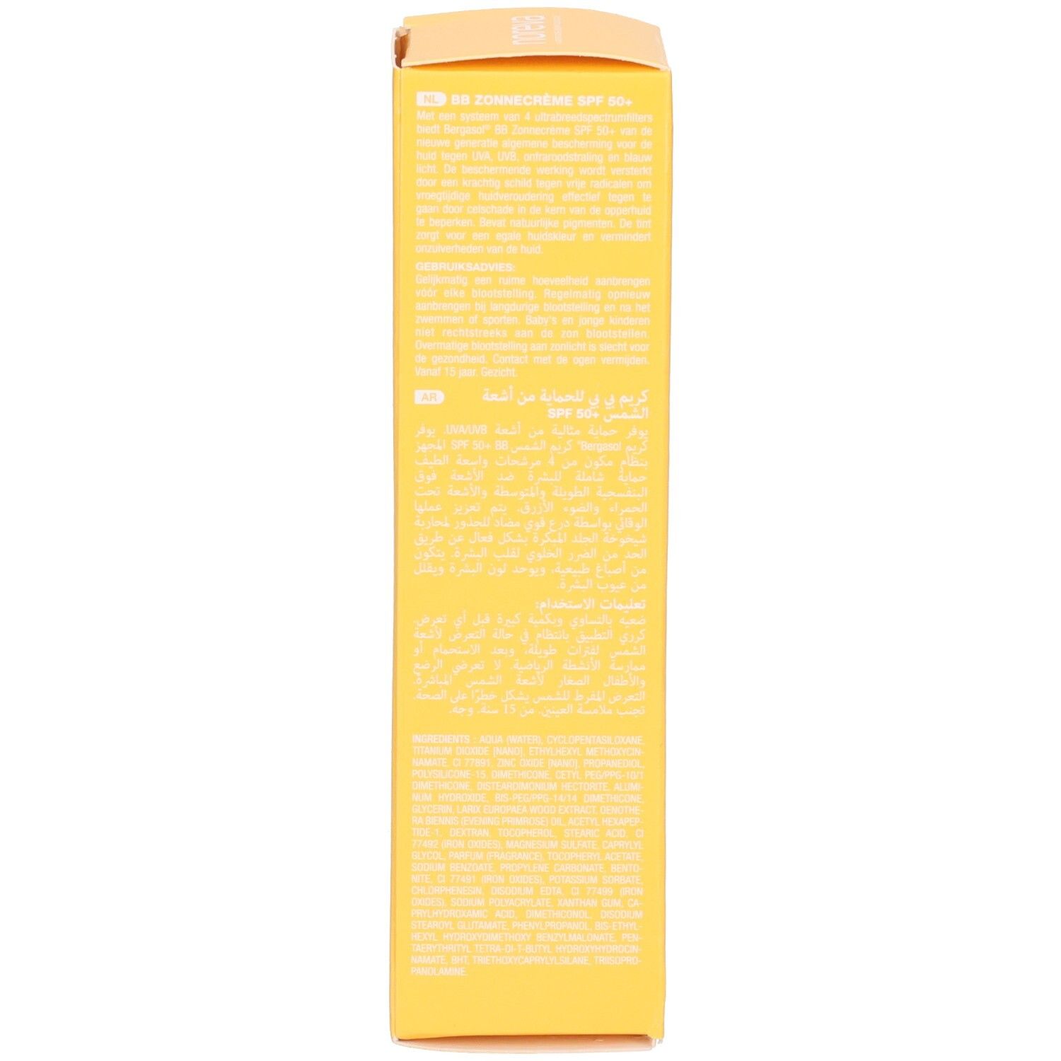 Seite der Noreva Bergasol BB Sonnencreme LSF 50+ Verpackungsschachtel mit Anwendungshinweisen.