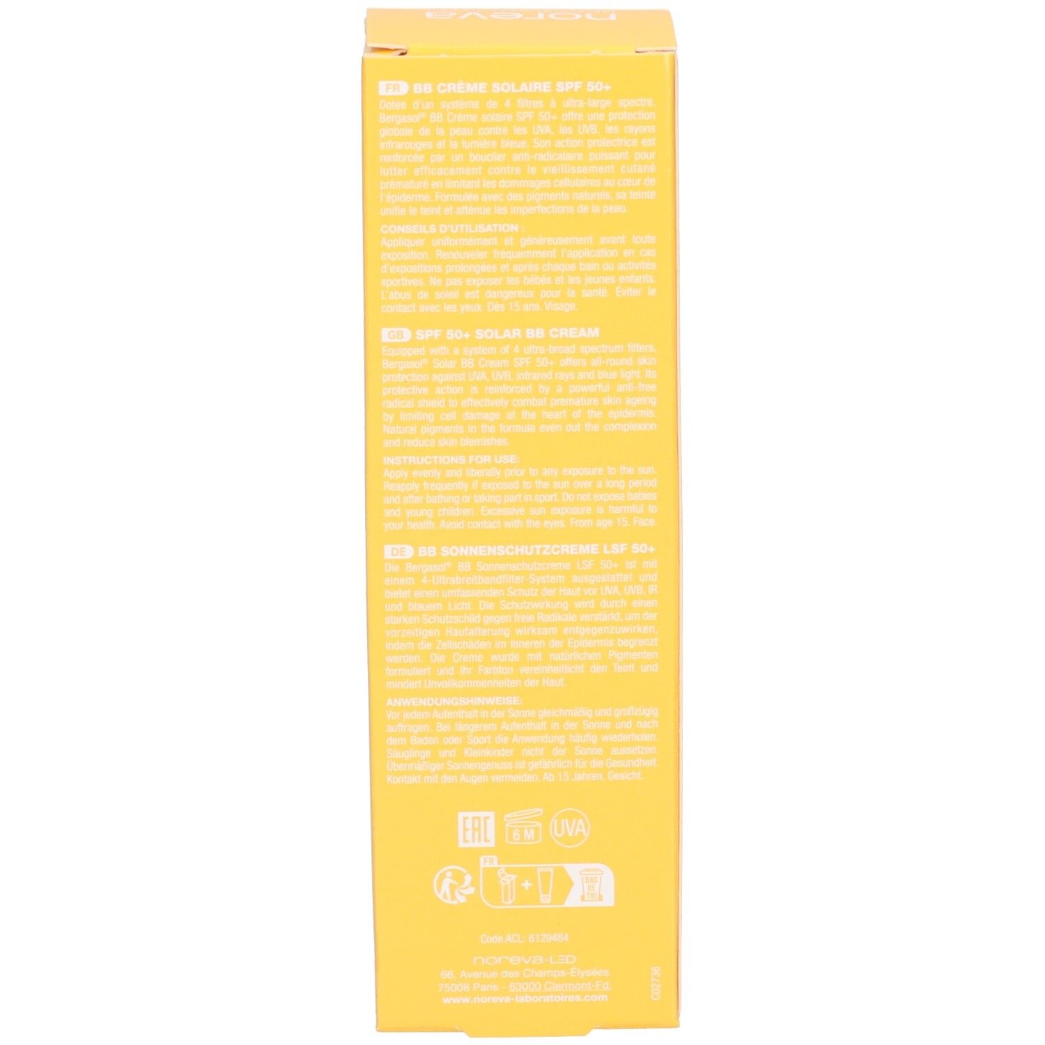 Seite der Noreva Bergasol BB Sonnencreme LSF 50+ Verpackungsschachtel mit Anwendungshinweisen.