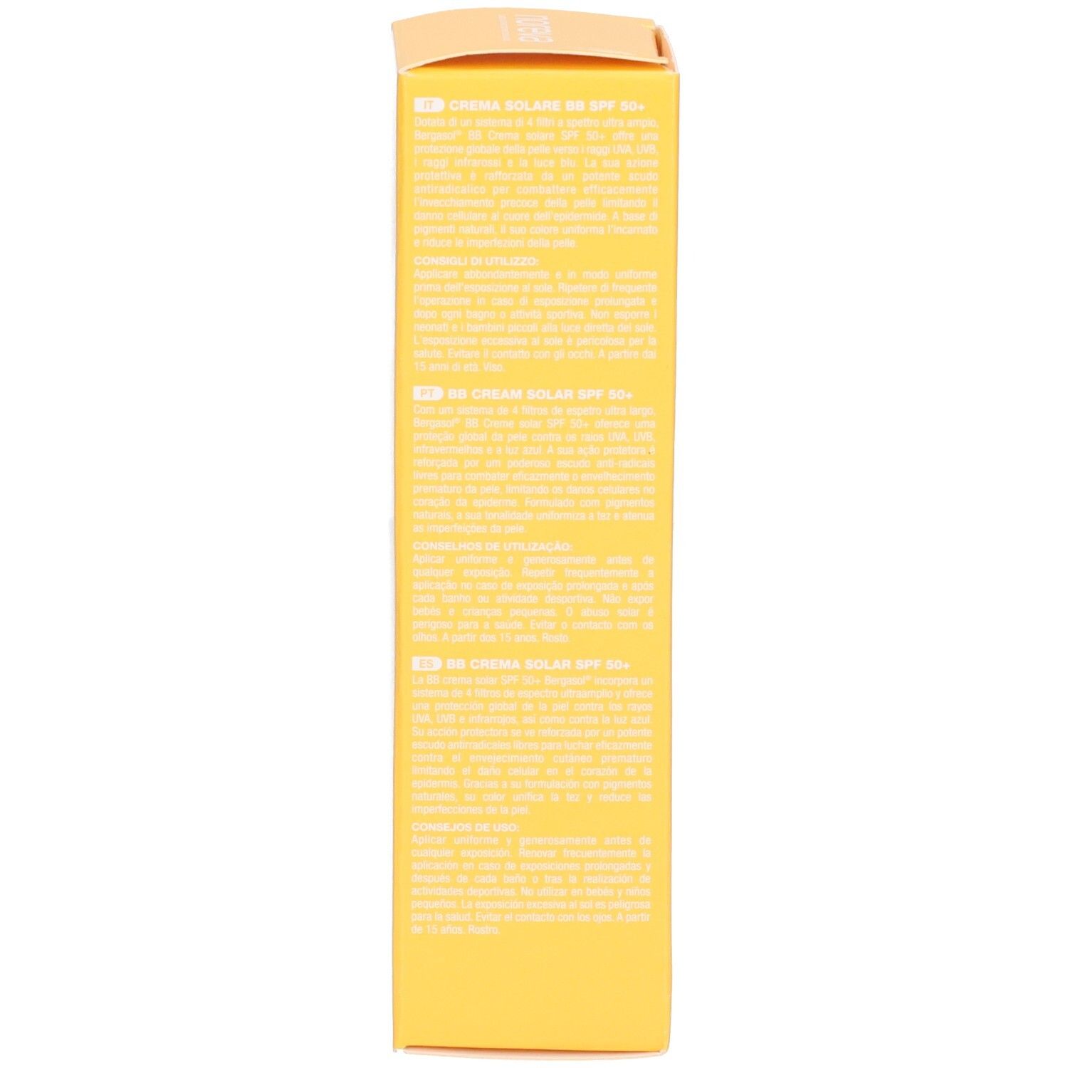 Seite der Noreva Bergasol BB Sonnencreme LSF 50+ Verpackungsschachtel mit Anwendungshinweisen.