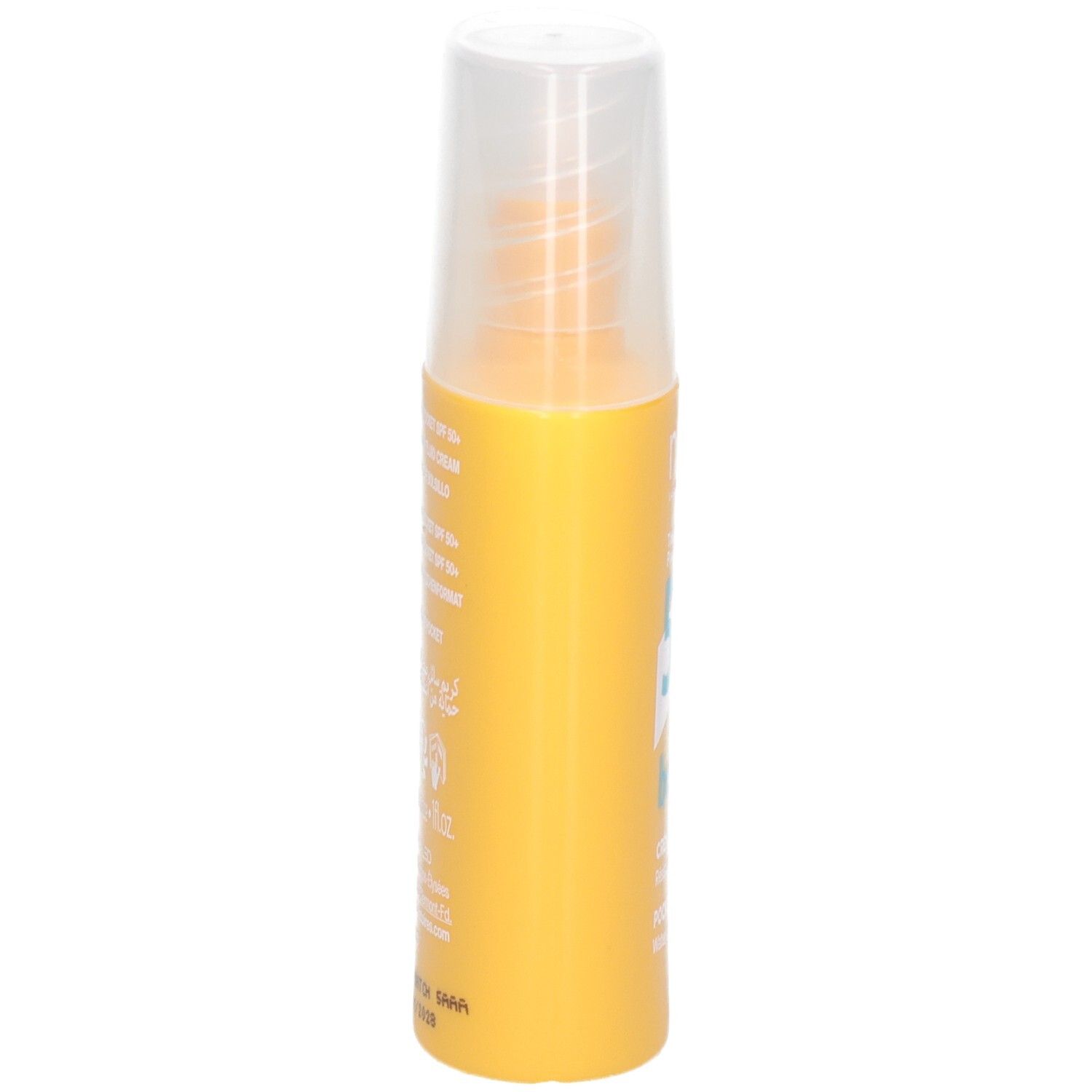 Gelbe Sonnencreme-Flasche mit weißem Deckel. Text: NOREVA, Bergasol, LSF 50+. Seitliche Beschriftung.