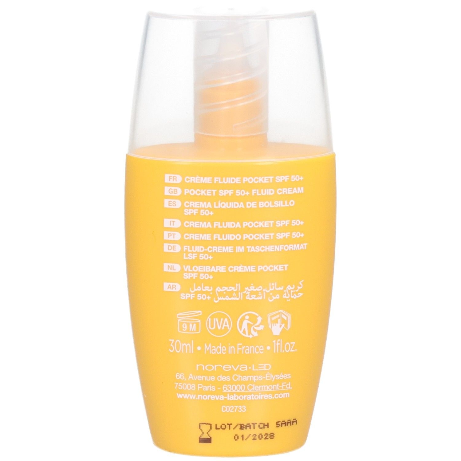Rückseite der Noreva Bergasol Sonnenschutzcreme Flasche, SPF 50+, 30ml, Made in France.