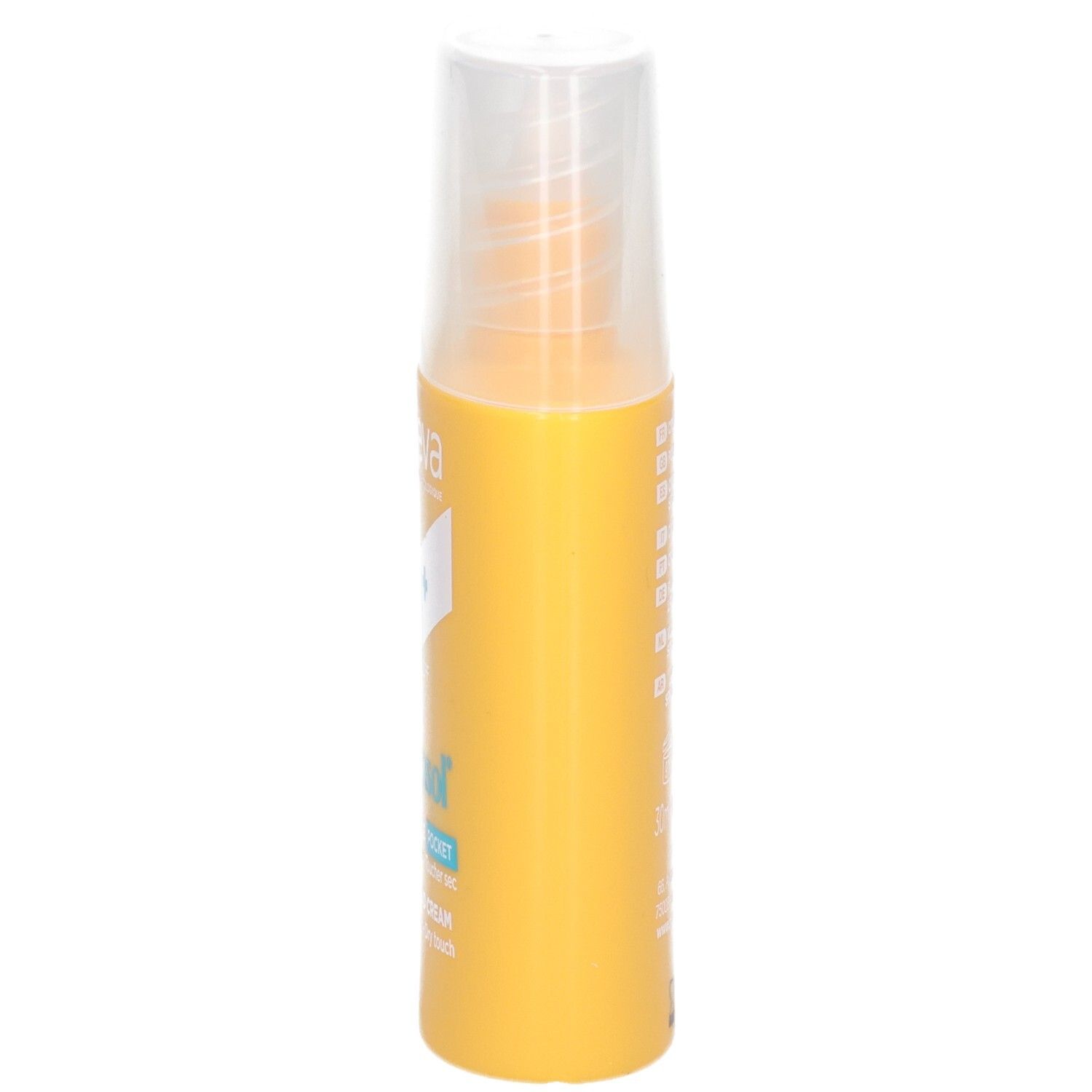 Gelbe Sonnencreme-Flasche mit weißem Deckel. Text: NOREVA, Bergasol, LSF 50+. Seitliche Beschriftung.