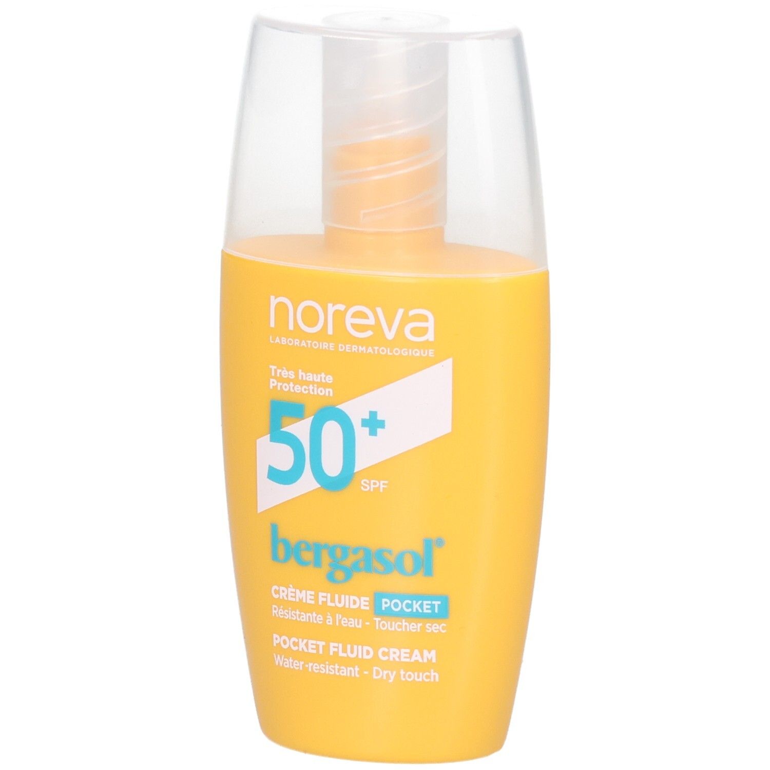Gelbe Sonnencreme-Flasche mit transparentem Deckel. Text: NOREVA, Bergasol, LSF 50+. Pocket Fluid Cream.