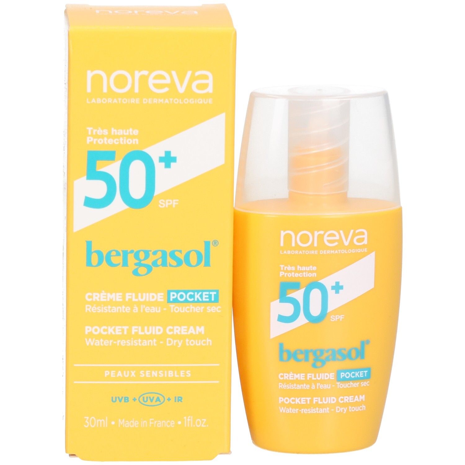 Gelbe Sonnencreme-Flasche und Schachtel. Text: NOREVA, Bergasol, LSF 50+. Pocket Fluid Cream. 30ml.