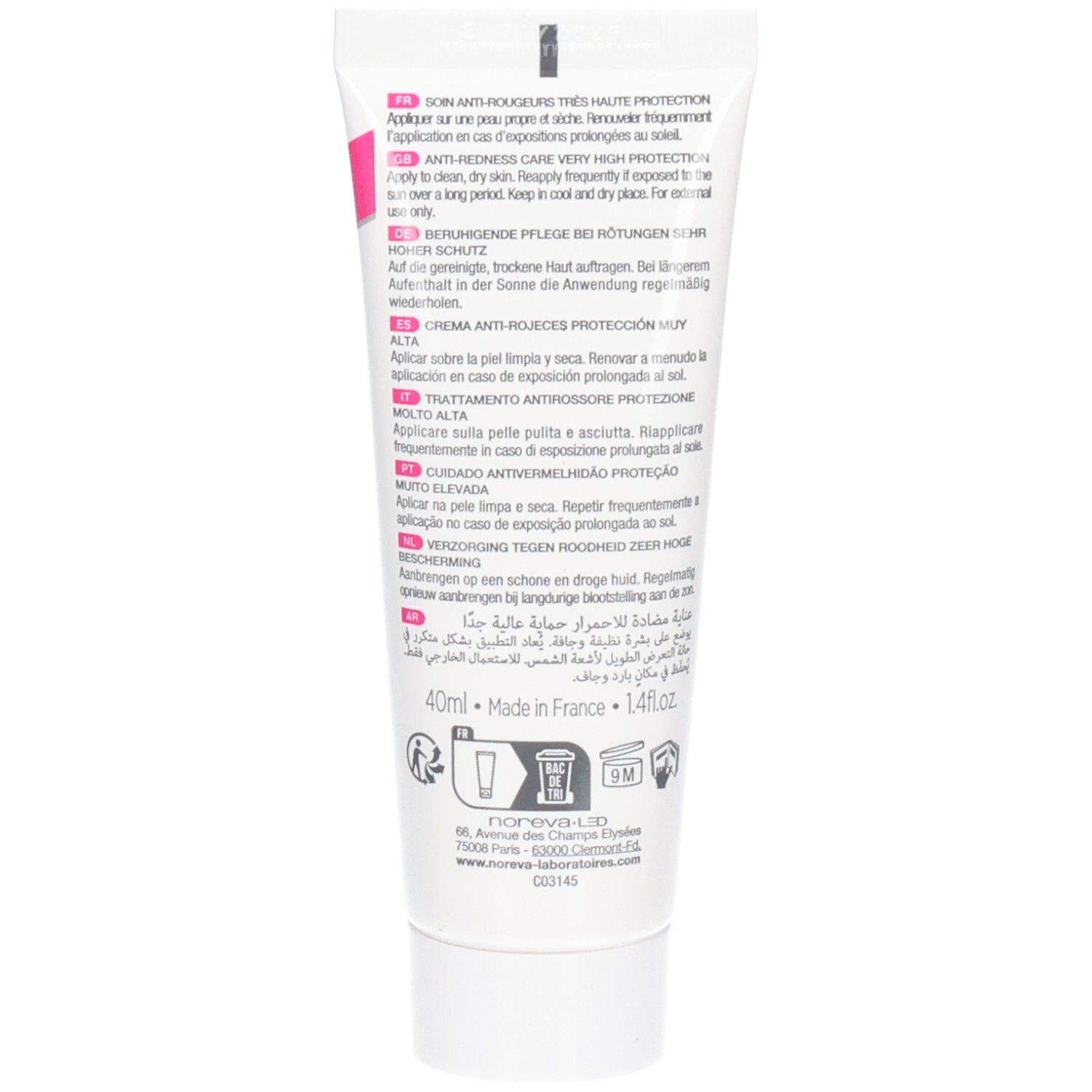 Rückseite der NOREVA Sensidiane AR+ Pflegecreme LSF 50+ Tube mit Anwendungshinweisen und Inhaltsstoffen.