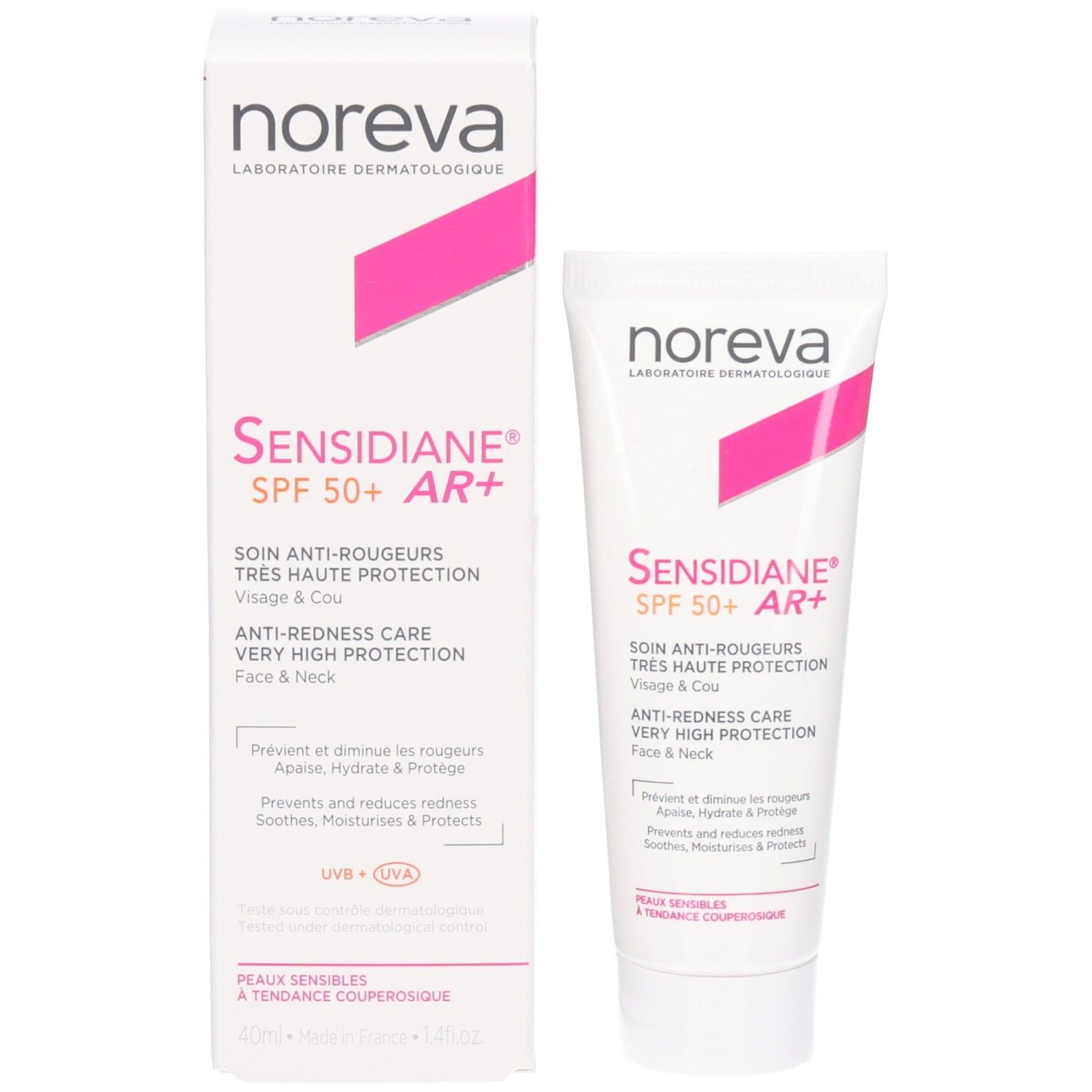 NOREVA Sensidiane AR+ Pflegecreme LSF 50+ und Faltschachtel, beide mit rosa Akzenten.