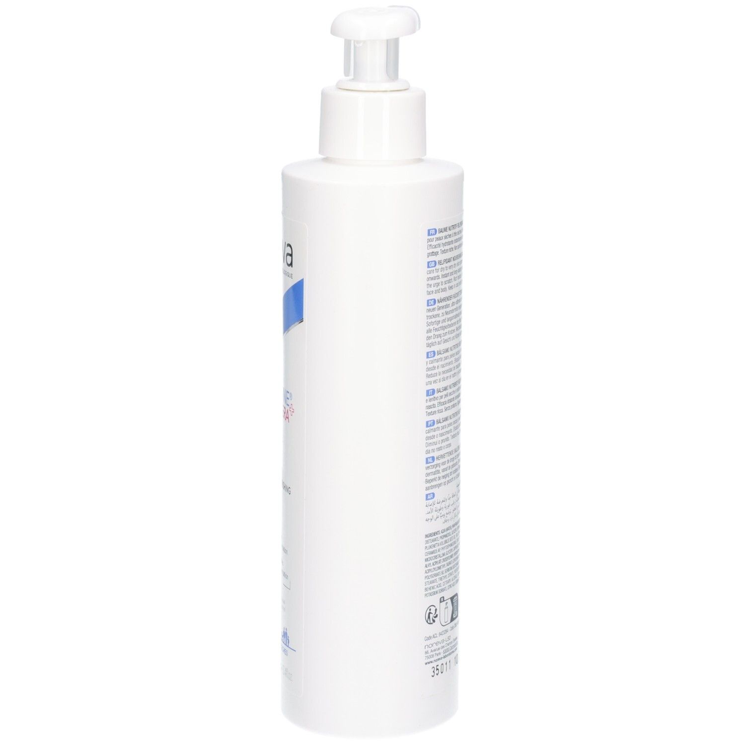 Seite einer weißen Pumpflasche mit NOREVA Xerodiane CERA+ nährender Balsam.