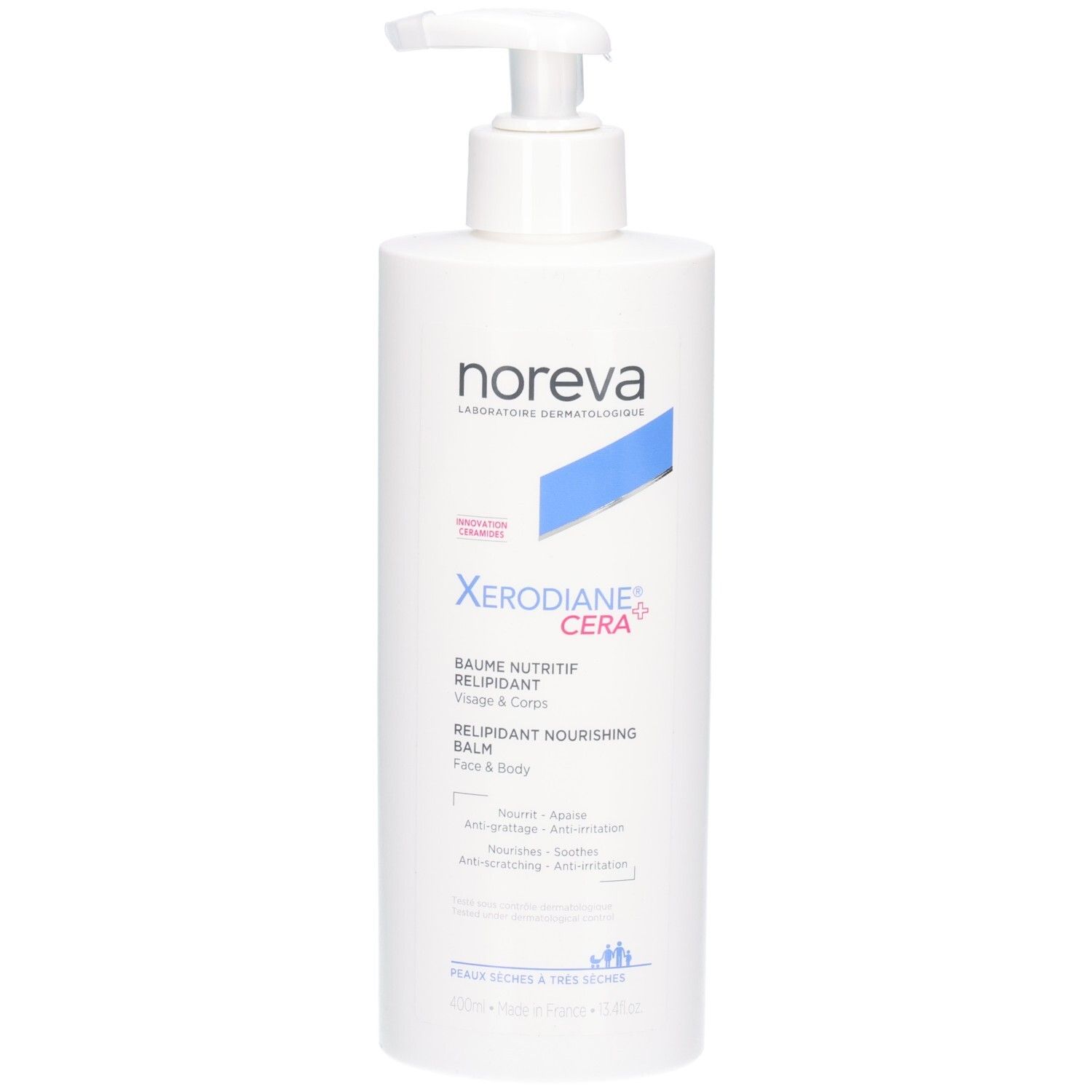 Weiße Pumpflasche mit NOREVA Xerodiane CERA+ nährender Balsam für Gesicht & Körper.