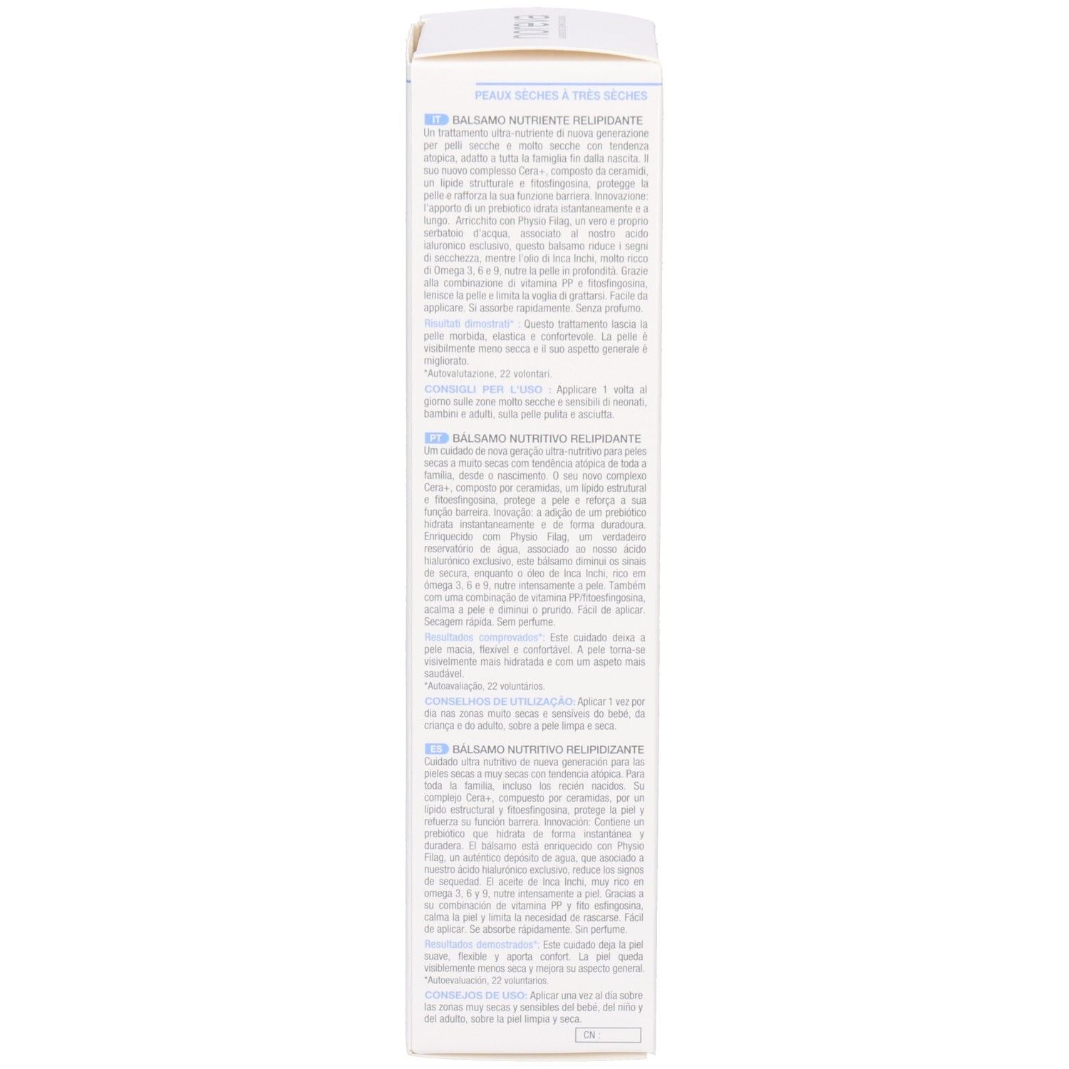 Seitenansicht der Faltschachtel für NOREVA Xerodiane CERA+ nährender Balsam mit Text.