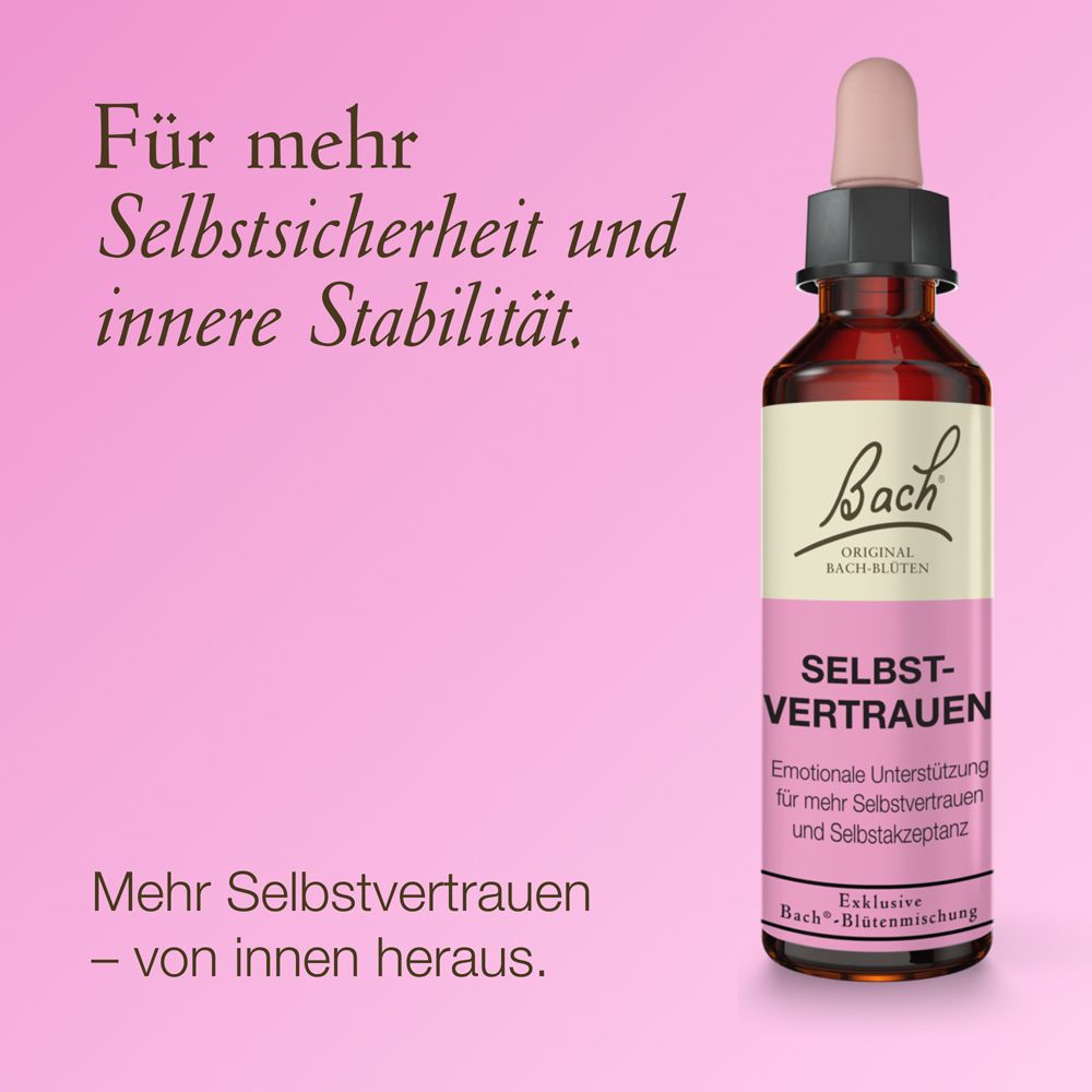 Bach Bachblüten Tropfen Selbstvertrauen Flasche mit Text "Mehr Selbstvertrauen – von innen heraus."