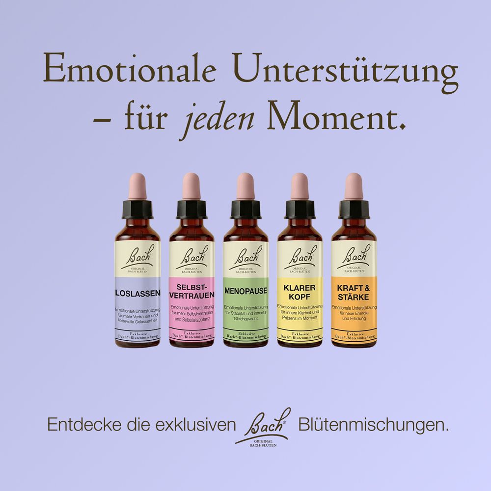 Fünf braune Glasflaschen mit Pipettenverschluss, Etiketten mit Bach-Logo und verschiedenen Produktnamen.