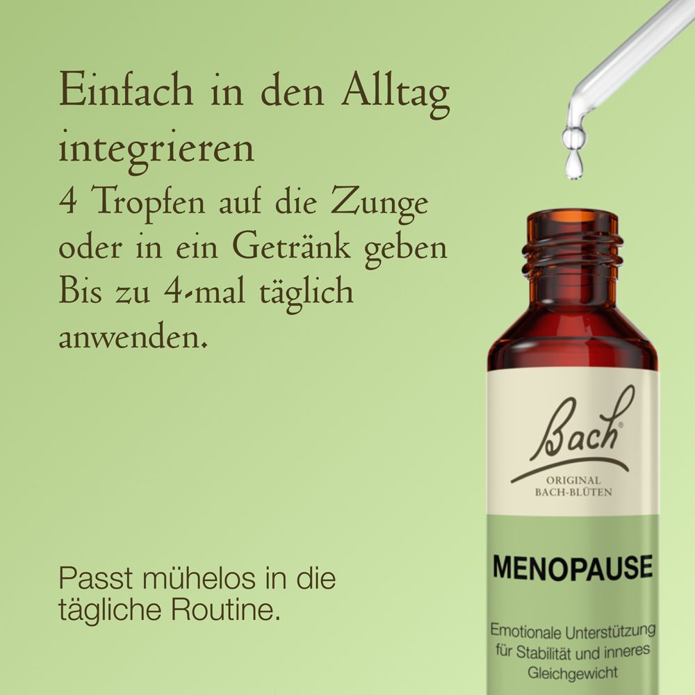Bach Original Bach Blüten Menopause Tropfenflasche mit Pipette und Anwendungsanleitung.