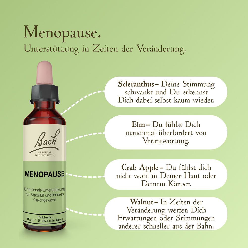 Braune Glasflasche mit Pipette, Etikett mit "Bach Menopause" und vier Erklärungen zu Blütenessenzen.