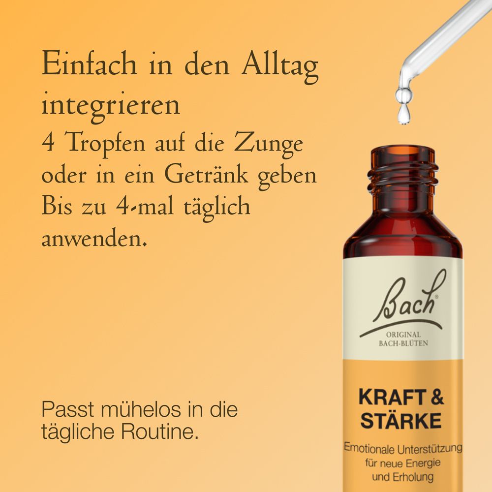 Braune Glasflasche mit Pipette, Etikett mit 'Bach KRAFT & STÄRKE' Aufschrift.