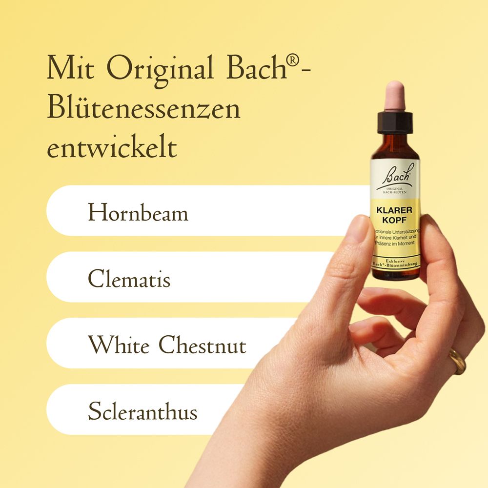 Hand hält Bach Original Klarer Kopf Tropfenflasche. Auflistung von Hornbeam, Clematis, White Chestnut, Scleranthus.