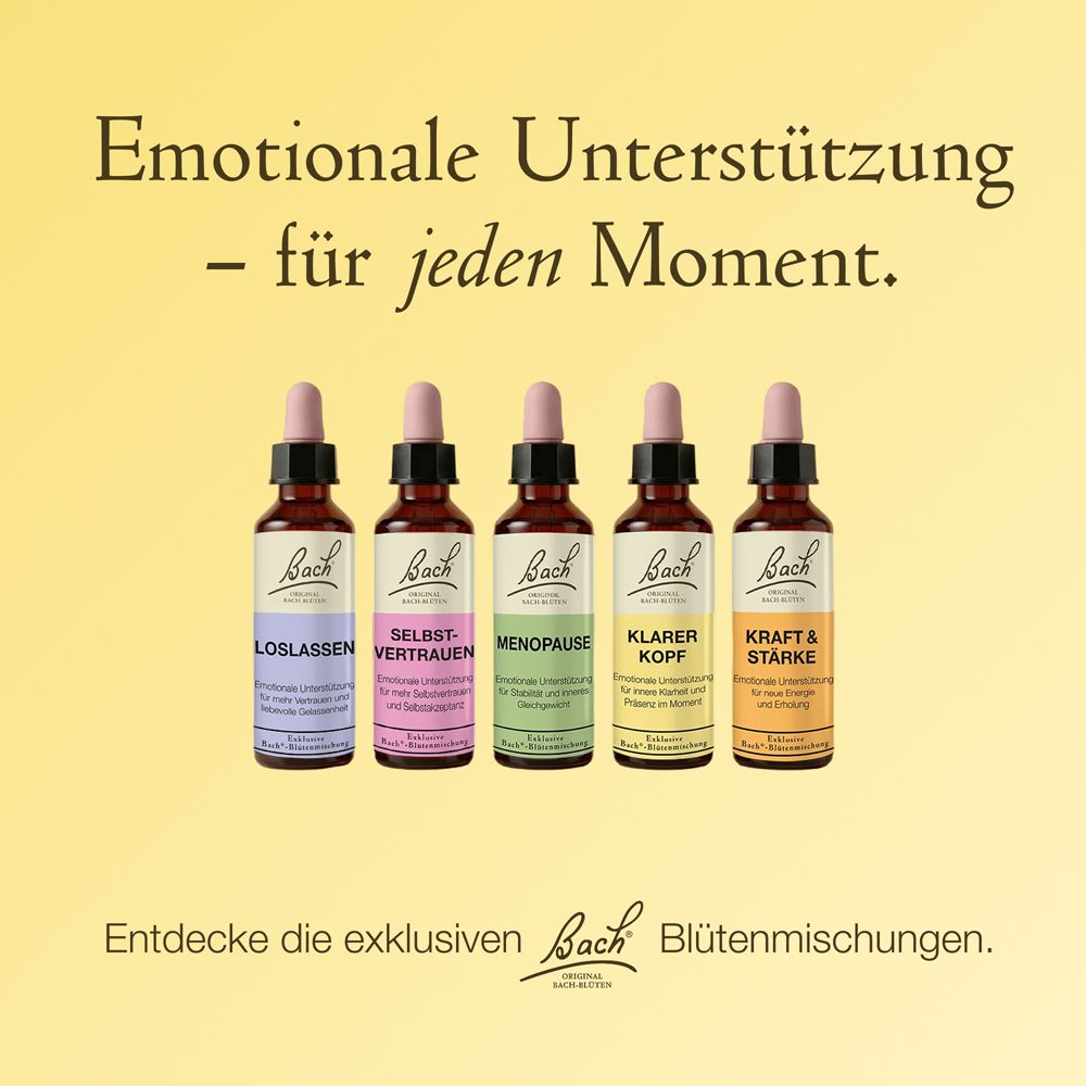 Fünf Bach Bachblüten Tropfen Flaschen: Loslassen, Selbstvertrauen, Menopause, Klarer Kopf, Kraft & Stärke.