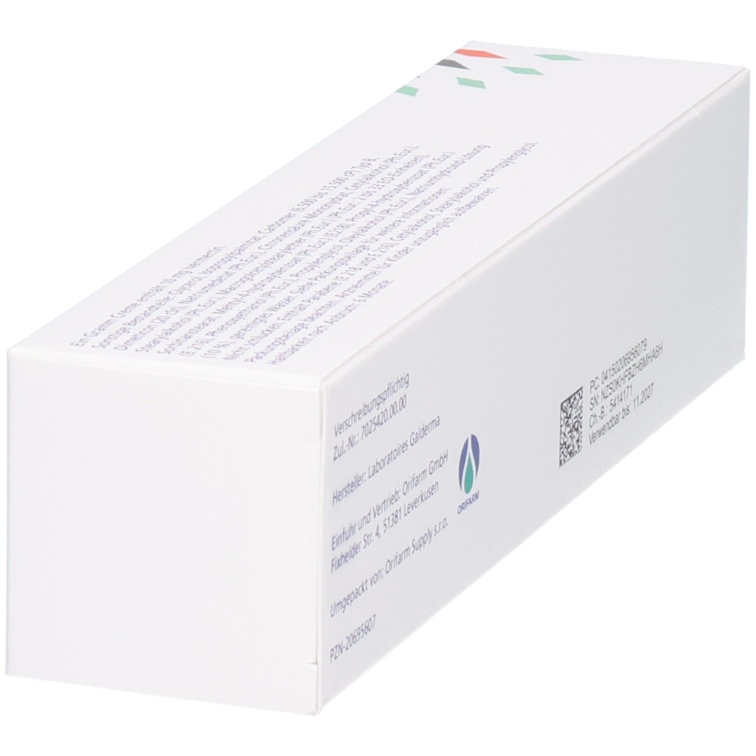 Weiße Verpackung mit Produktinformationen und QR-Code.