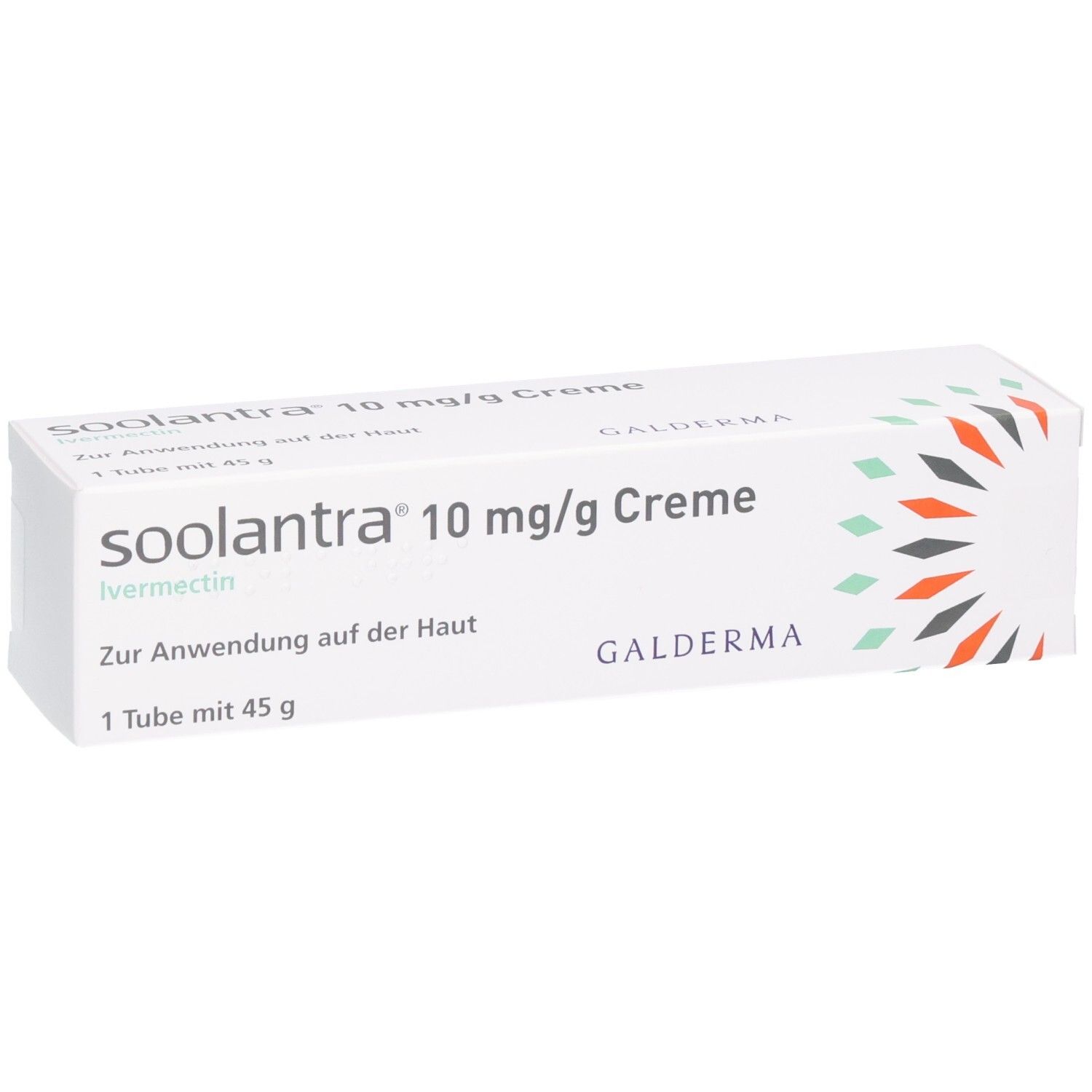 Weiße Medikamentenverpackung für "soolantra 10 mg/g Creme". Enthält 1 Tube mit 45 g Creme zur Anwendung auf der Haut.