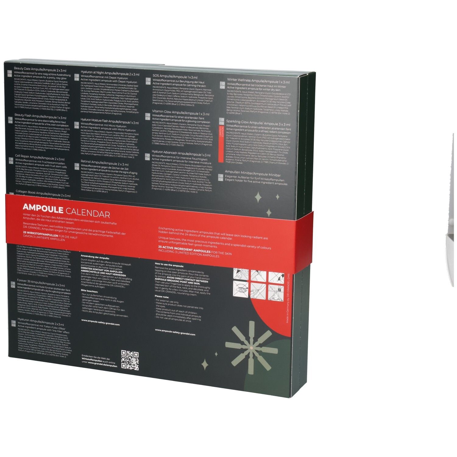 Ampullenkalender-Verpackung mit Anwendungsanleitungen und Produktinformationen in mehreren Sprachen.