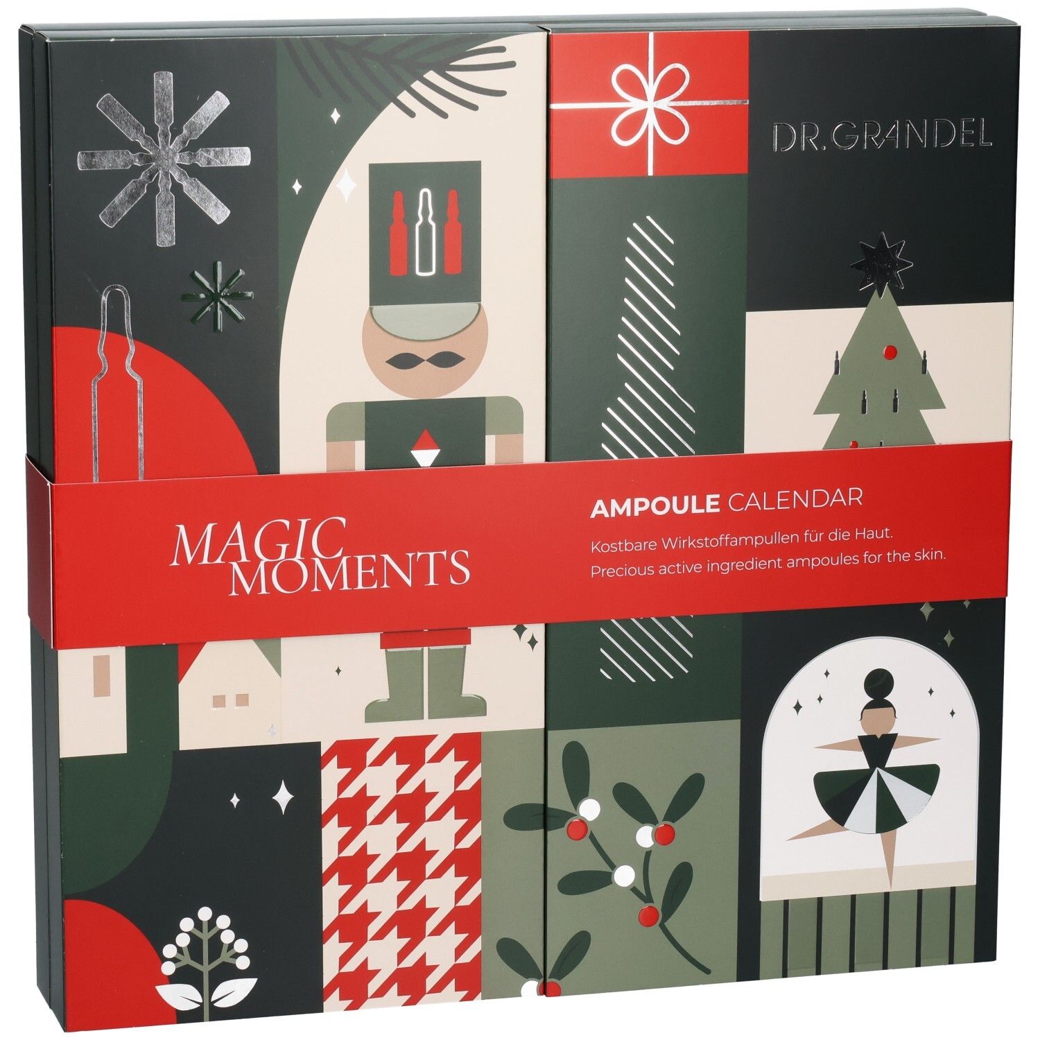 Adventskalender mit Ampullen für die Haut, mit weihnachtlichen Motiven und "Magic Moments" Aufschrift.
