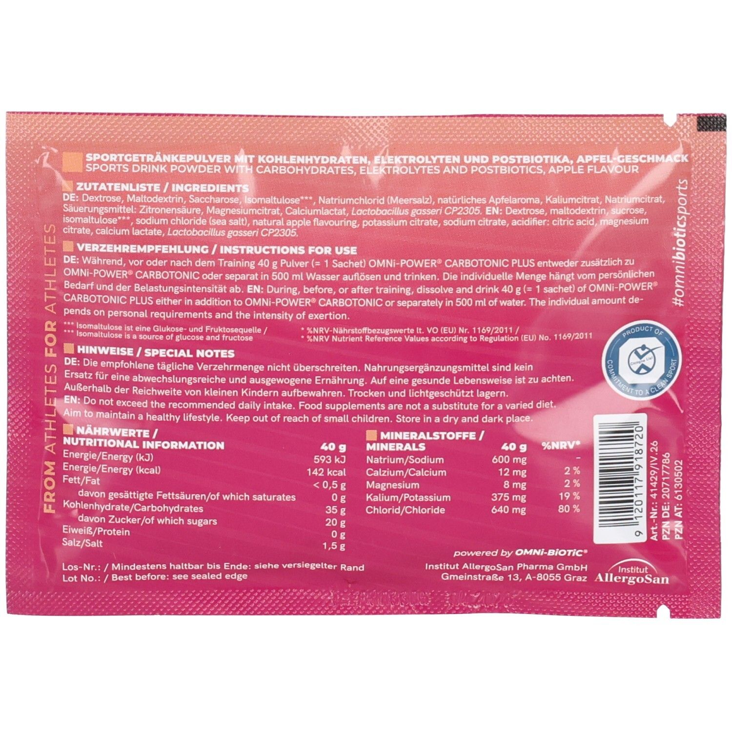 Rückseite OMNI POWER CARBO TONIC PLUS Sachet mit Nährwertangaben und Zutatenliste.