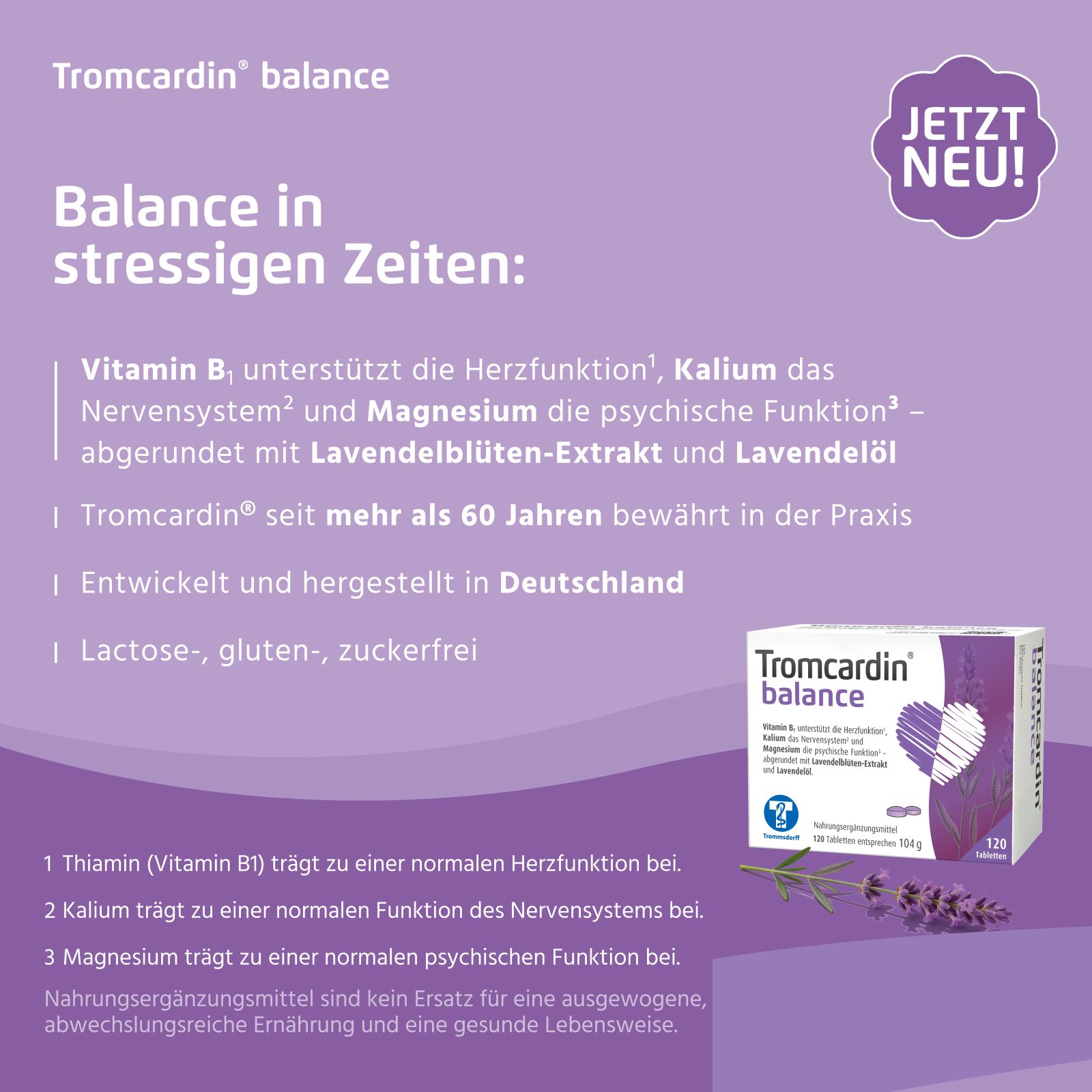 Tromcardin balance Nahrungsergänzungsmittel-Packung mit Lavendelmotiv und Text 'Balance in stressigen Zeiten'.