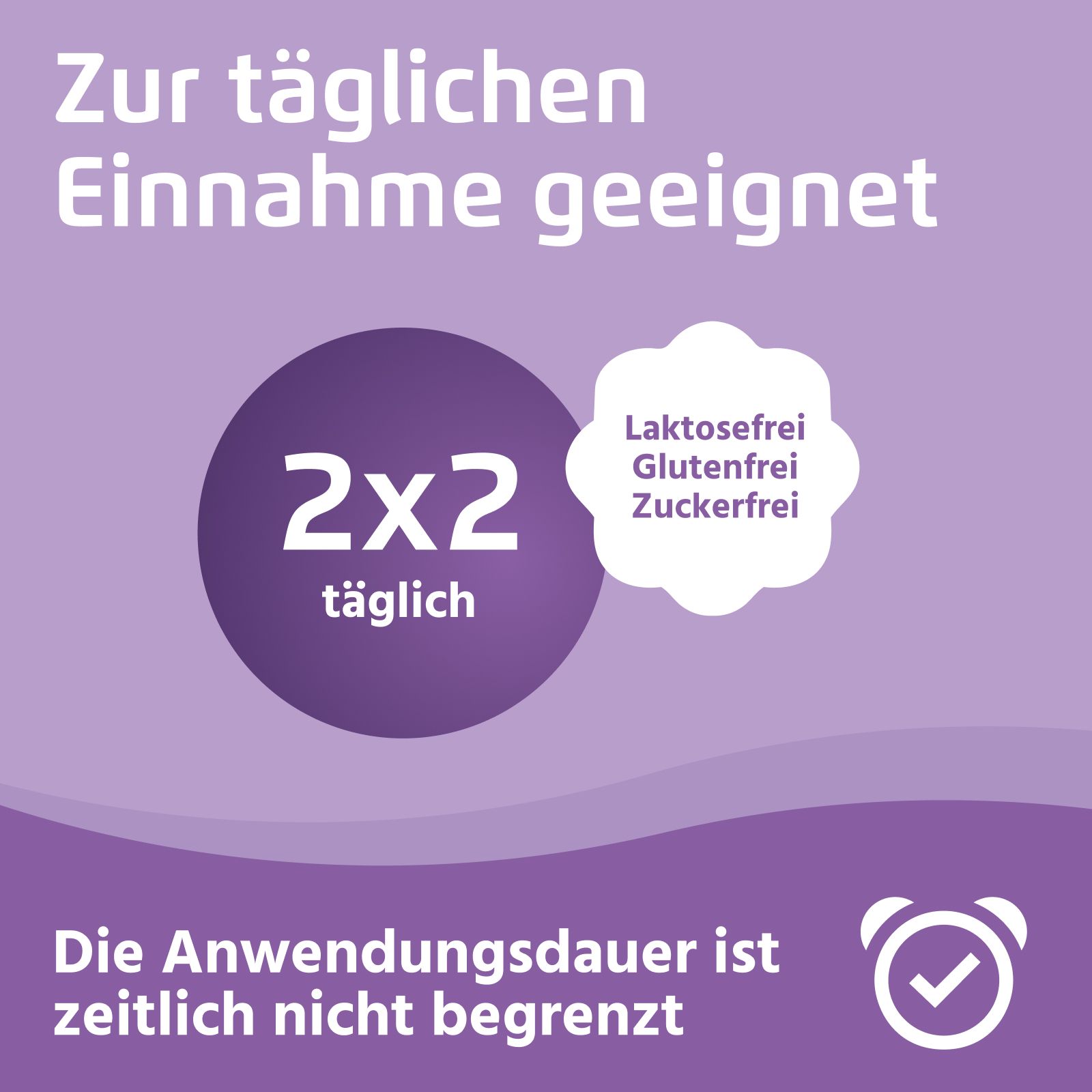 Geeignet zur täglichen Einnahme, 2x2 täglich. Laktosefrei, glutenfrei, zuckerfrei.