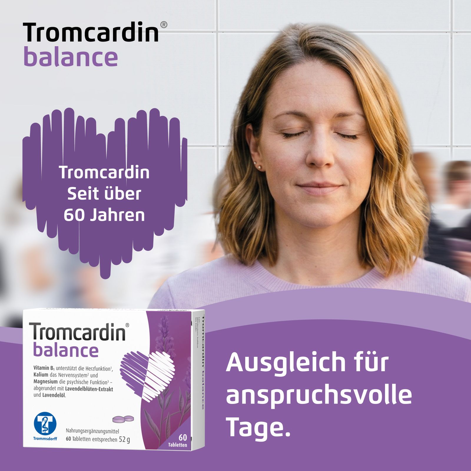Tromcardin balance Nahrungsergänzungsmittel mit 60 Tabletten. Enthält Vitamin B und Magnesium. Lavendelmotiv auf der Verpackung.