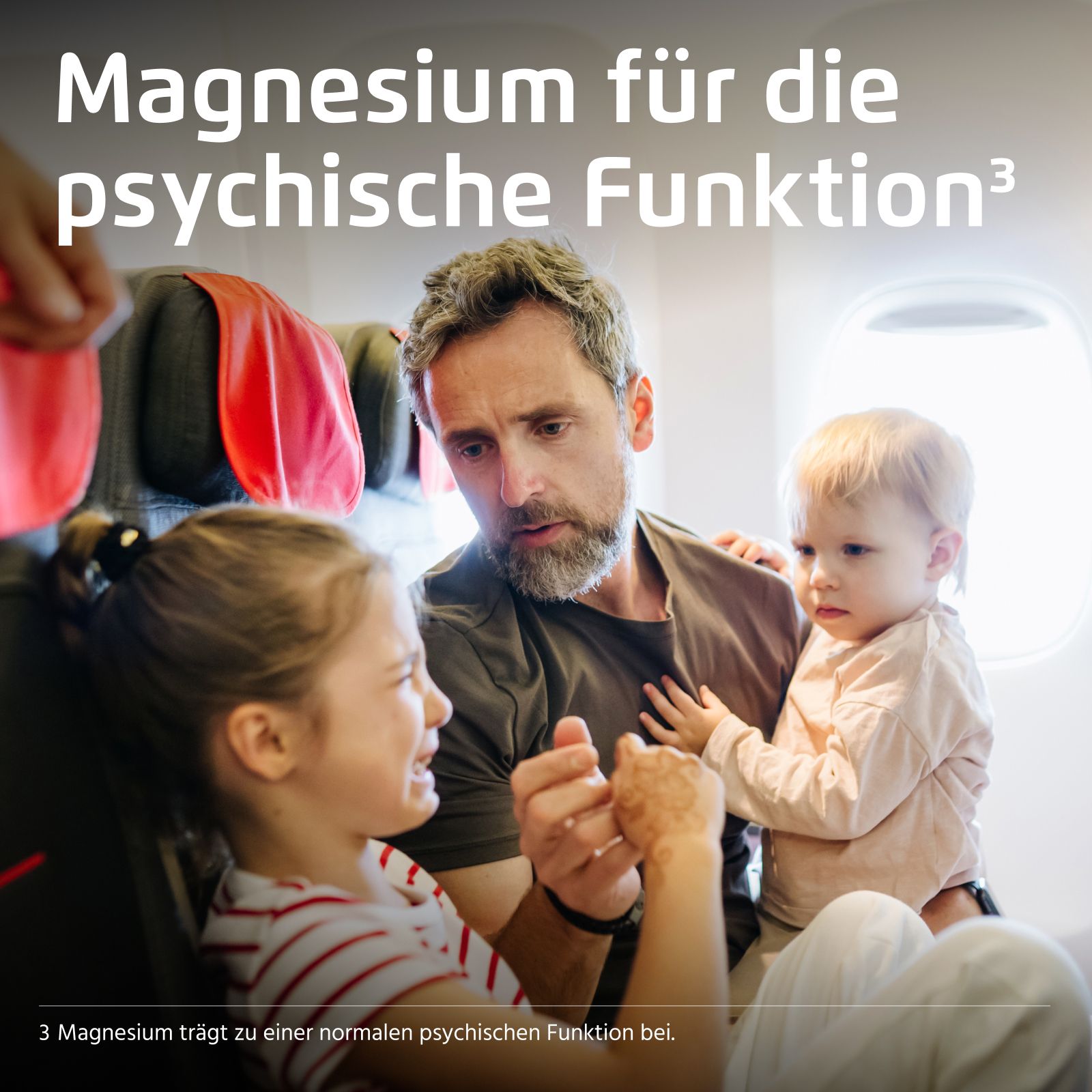 Ein Vater sitzt mit seinen zwei Kindern im Flugzeug.