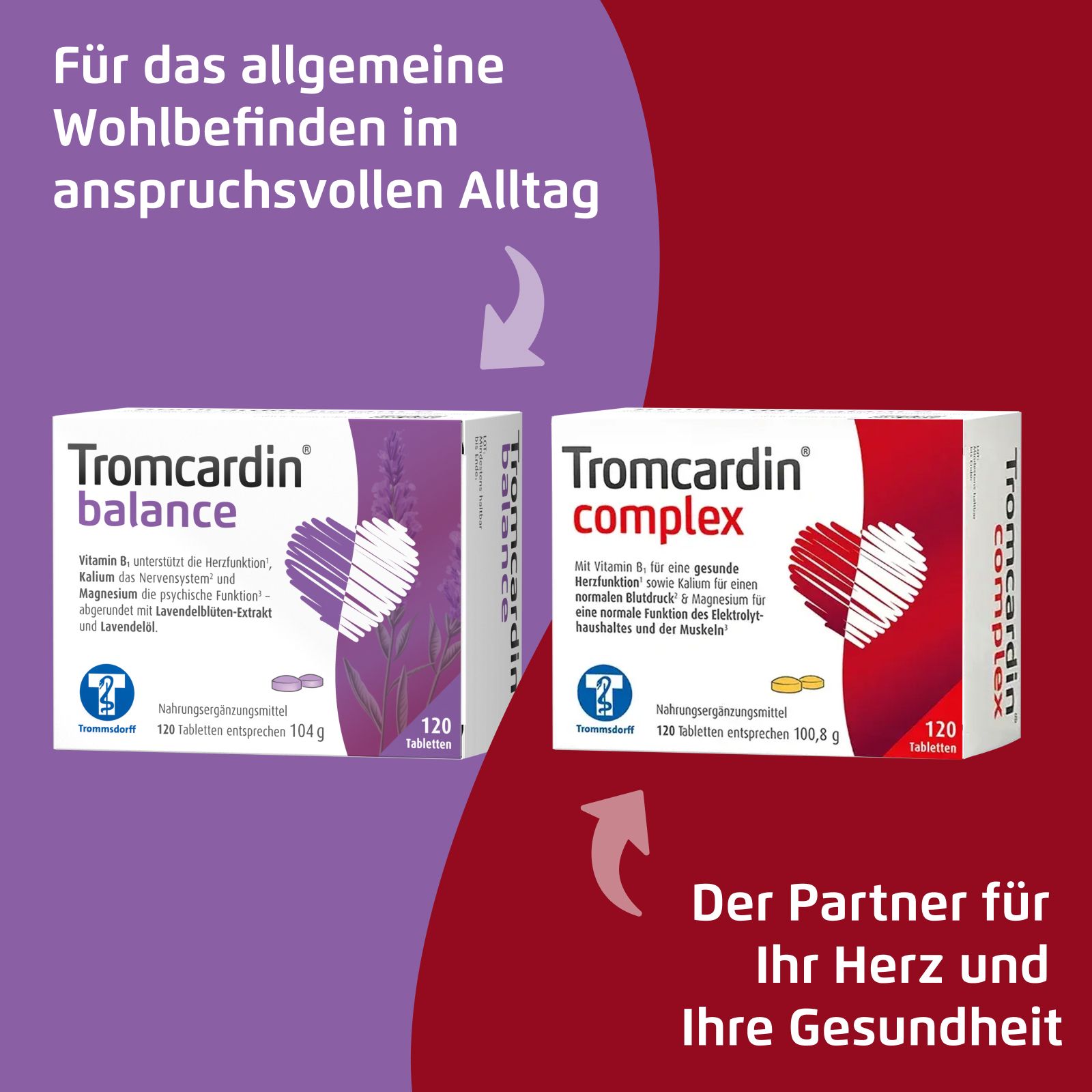 Zwei Packungen Tromcardin Balance und Tromcardin Complex mit Herzsymbolen und Pflanzenmotiven.