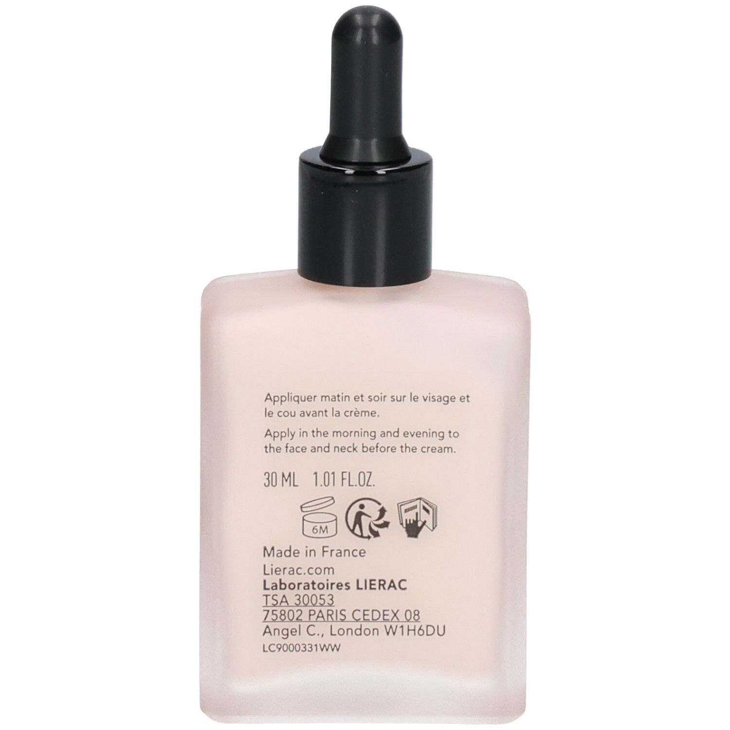 Rückseite des LIERAC LIFT INTEGRAL Serums mit Anwendungshinweisen und Produktinformationen.