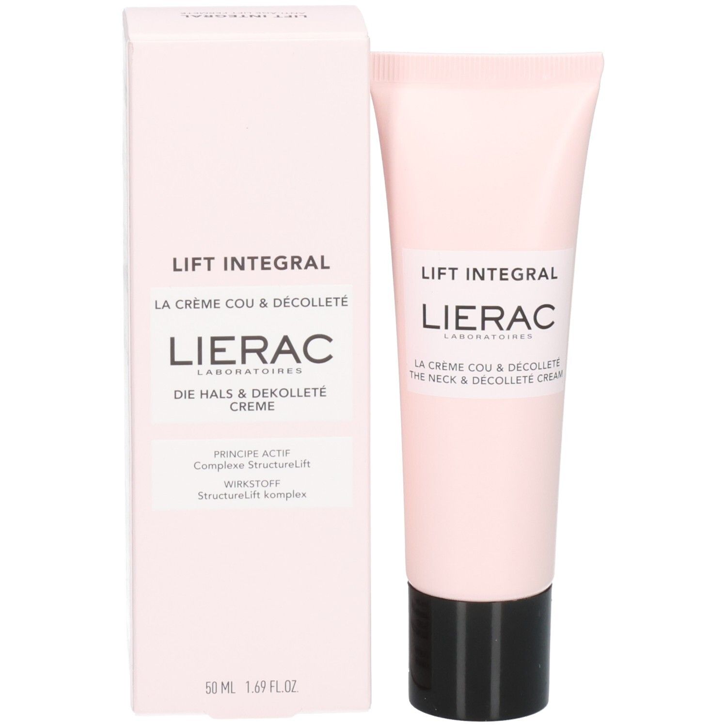 Lierac Lift Integral Hals- und Dekolleté-Creme in einer rosafarbenen Tube und Schachtel.