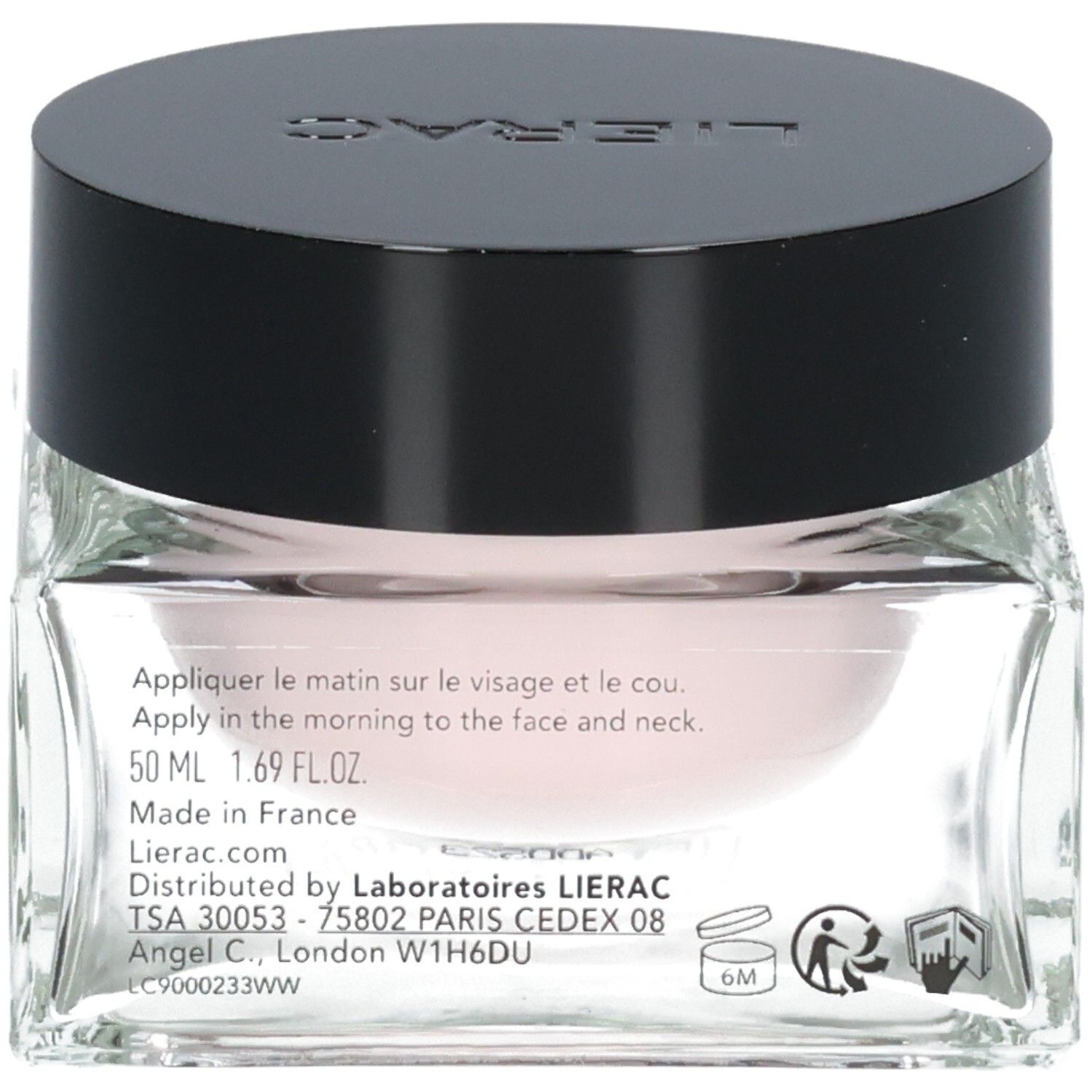 Lierac Creme in einem Glasbehälter mit schwarzem Deckel. Enthält 50 ml.