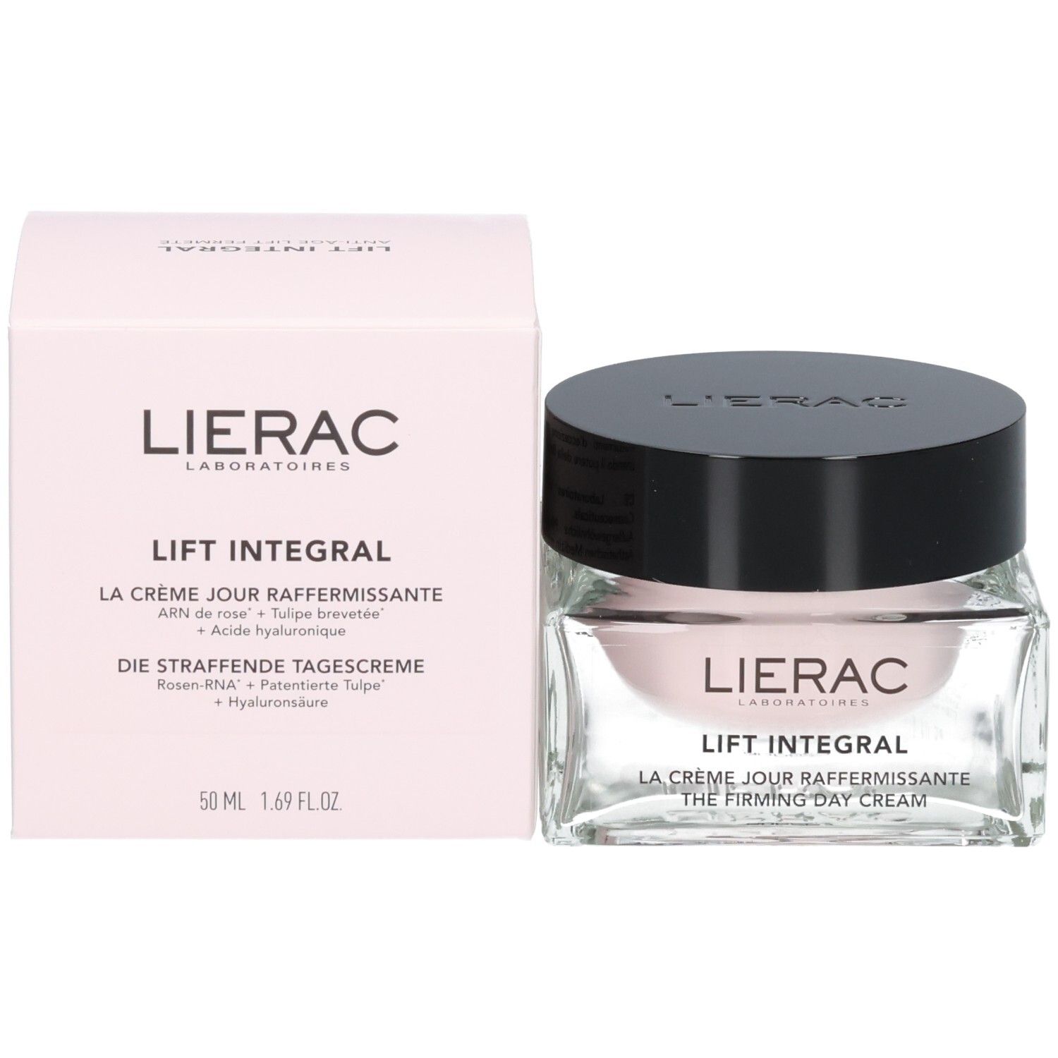 Lierac Lift Integral Tagescreme in Glasbehälter mit schwarzem Deckel. Kartonverpackung daneben.