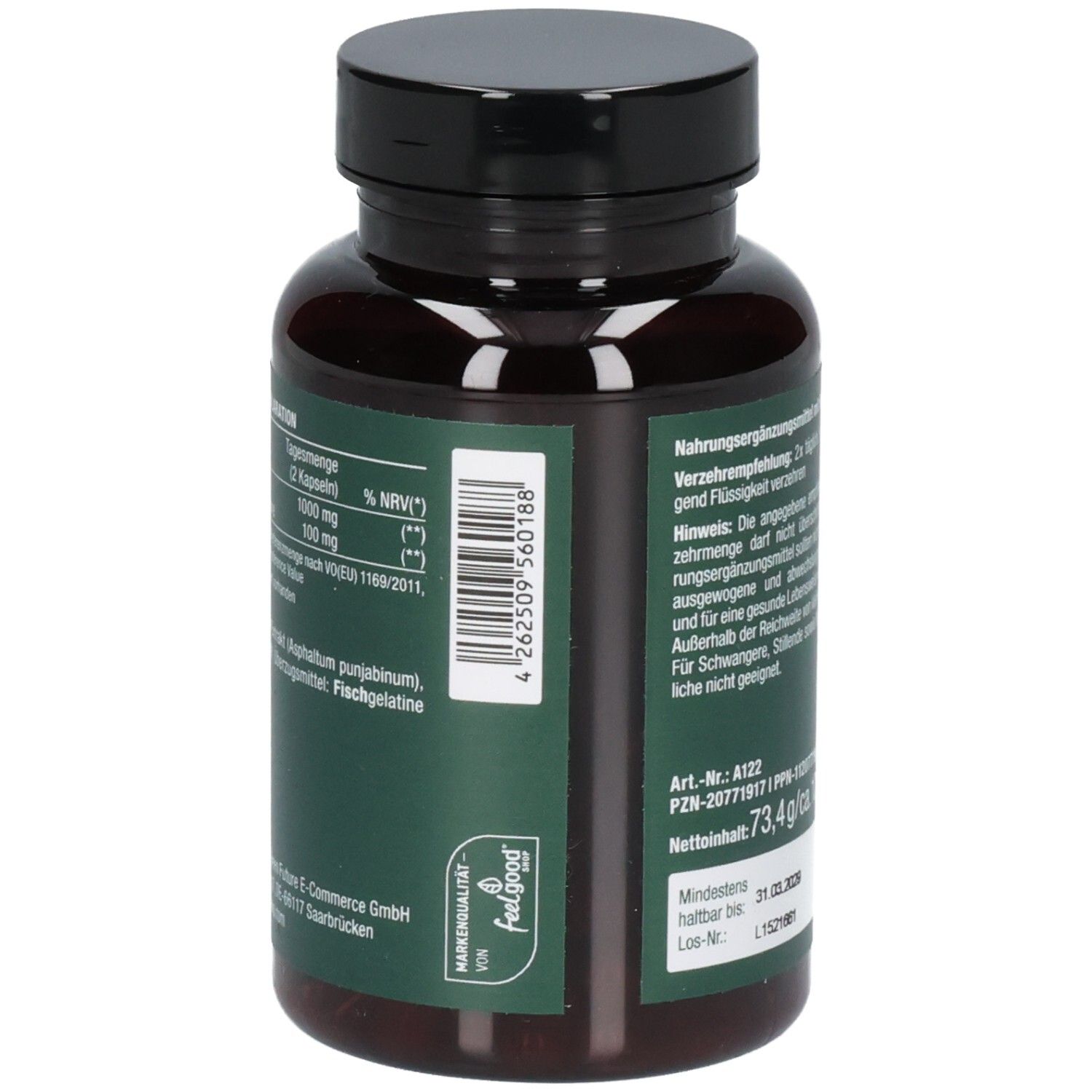 Vitactiv Shilajit 1000 mg: Flasche mit Etikett. Nährwertdeklaration und Barcode sichtbar. Enthält Fischgelatine.