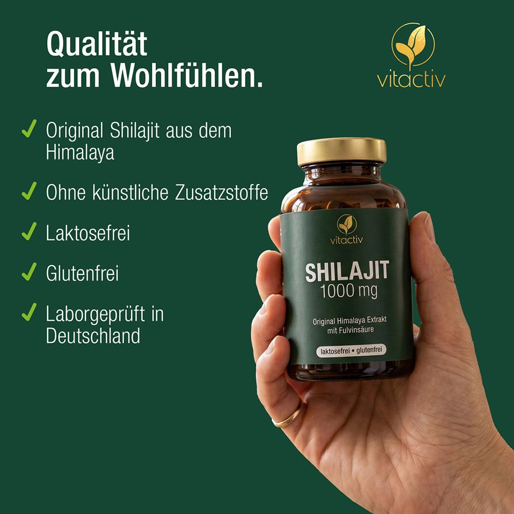 Vitactiv Shilajit: Hand hält Flasche. Text: 'Qualität zum Wohlfühlen.' Merkmale: Himalaya-Extrakt, ohne Zusatzstoffe, laktosefrei, glutenfrei, laborgeprüft.