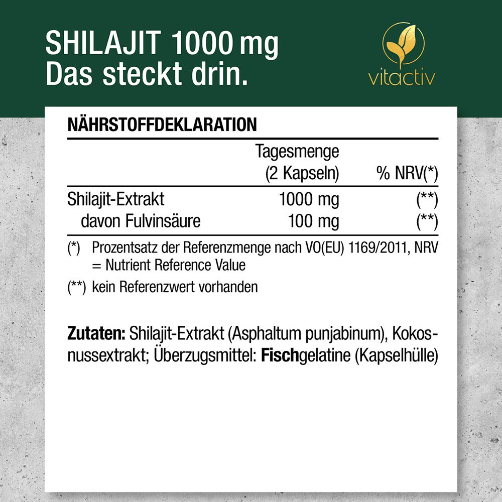 Vitactiv Shilajit 1000 mg: Nährwertdeklaration. Enthält Shilajit-Extrakt (1000 mg) und Fulvinsäure (100 mg).