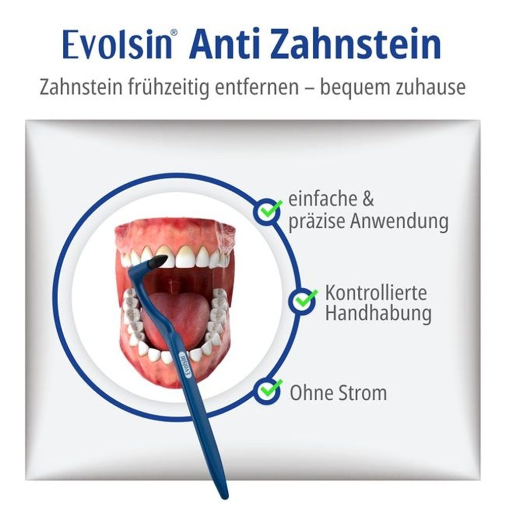 Zahnreinigungsgerät mit blauem Griff und Bürstenkopf zur Entfernung von Zahnstein. Zeigt ein menschliches Gebiss.