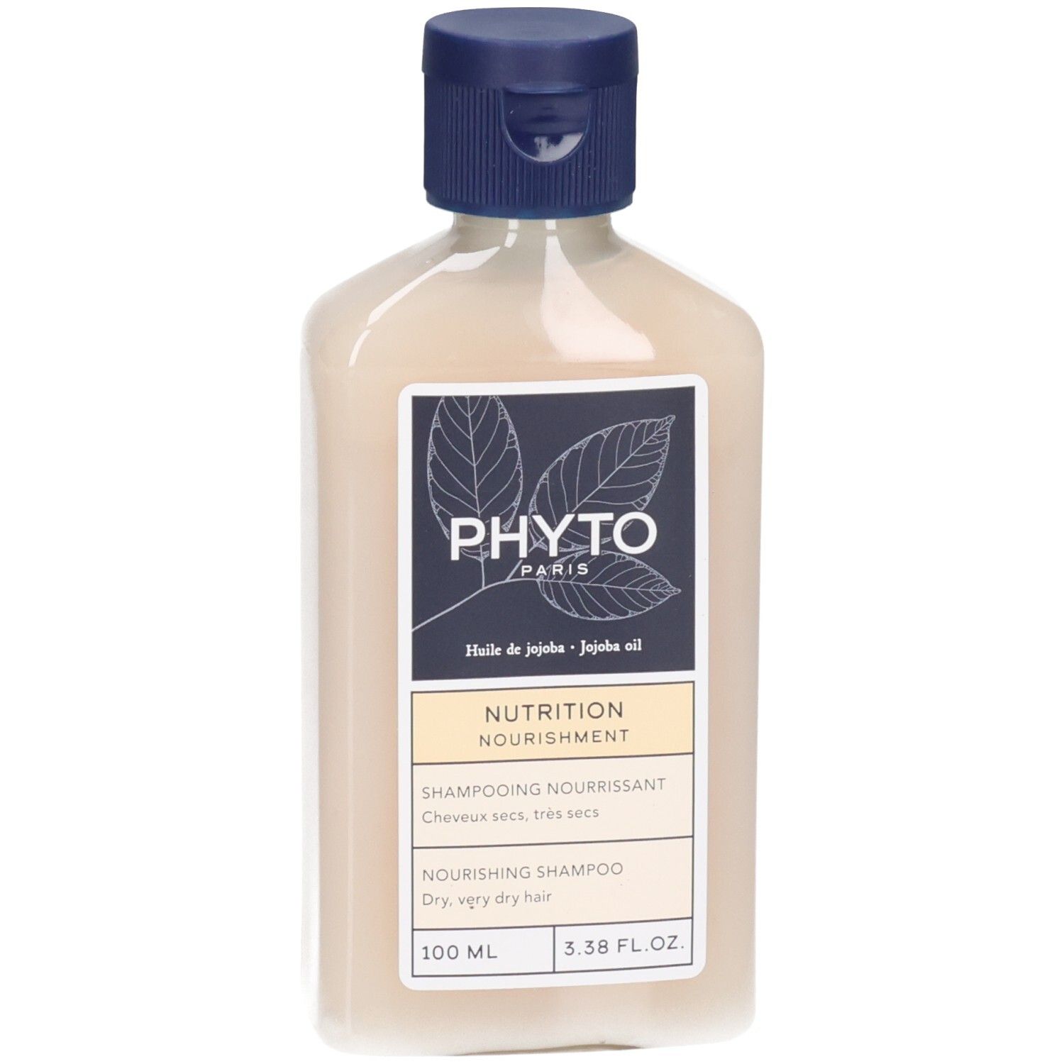PHYTO NUTRITION Nourishing Shampoo Flasche mit blauem Klappdeckel. Enthält Jojobaöl für trockenes Haar.